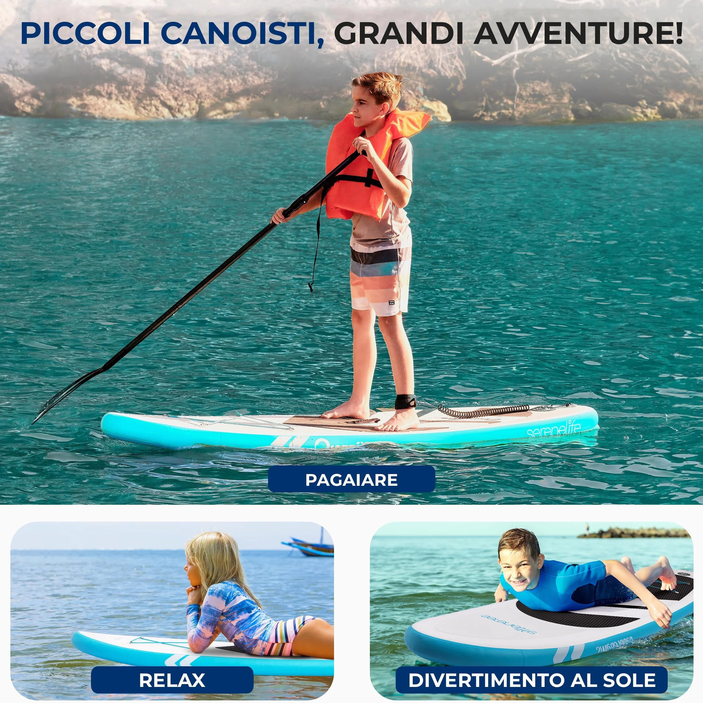 SereneLife SUP Gonfiabile 237 cm Tavola Larga 76 cm Stand Up Paddle Board Include Pagaia Regolabile Zaino 90 kg