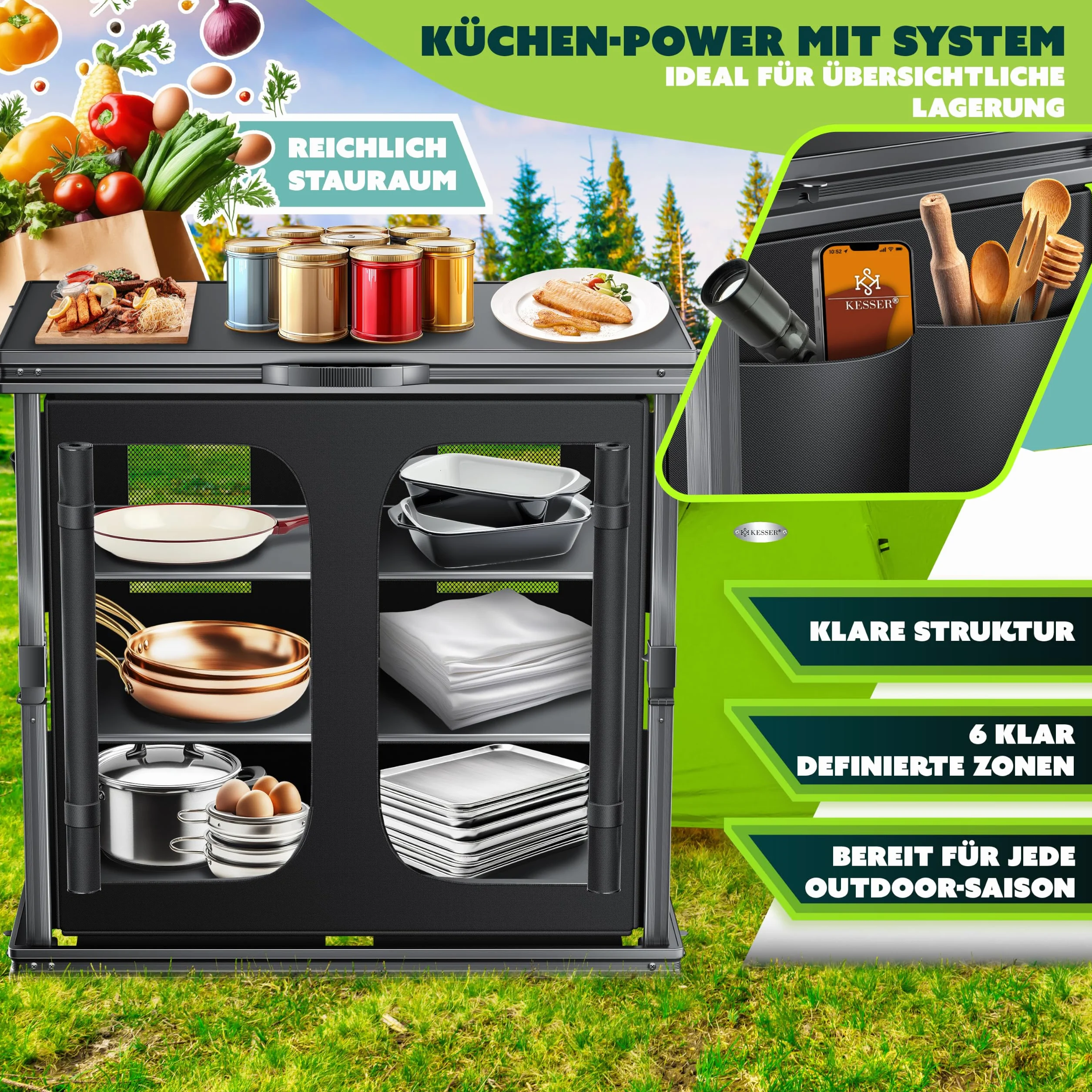KESSER Mobiletto da campeggio pieghevole in alluminio 84x80 cm 6 scomparti zanzariera UV