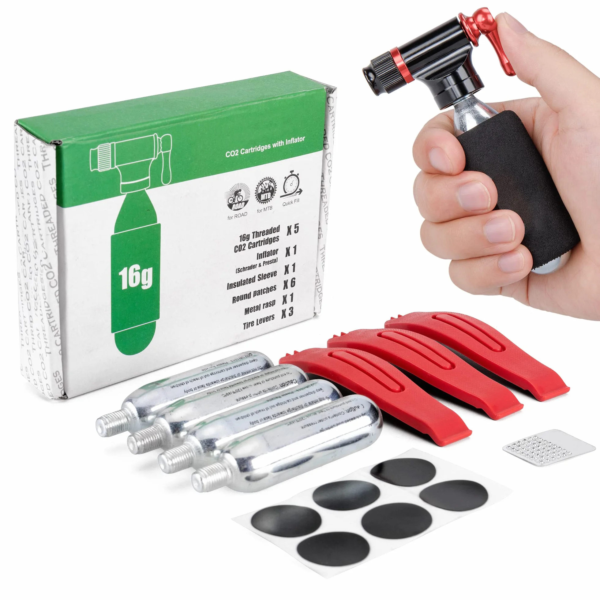 Pompa CO2 portatile Kit di gonfiaggio con cartucce 5x16g per pneumatici bici - Valvole Presta e Schrader