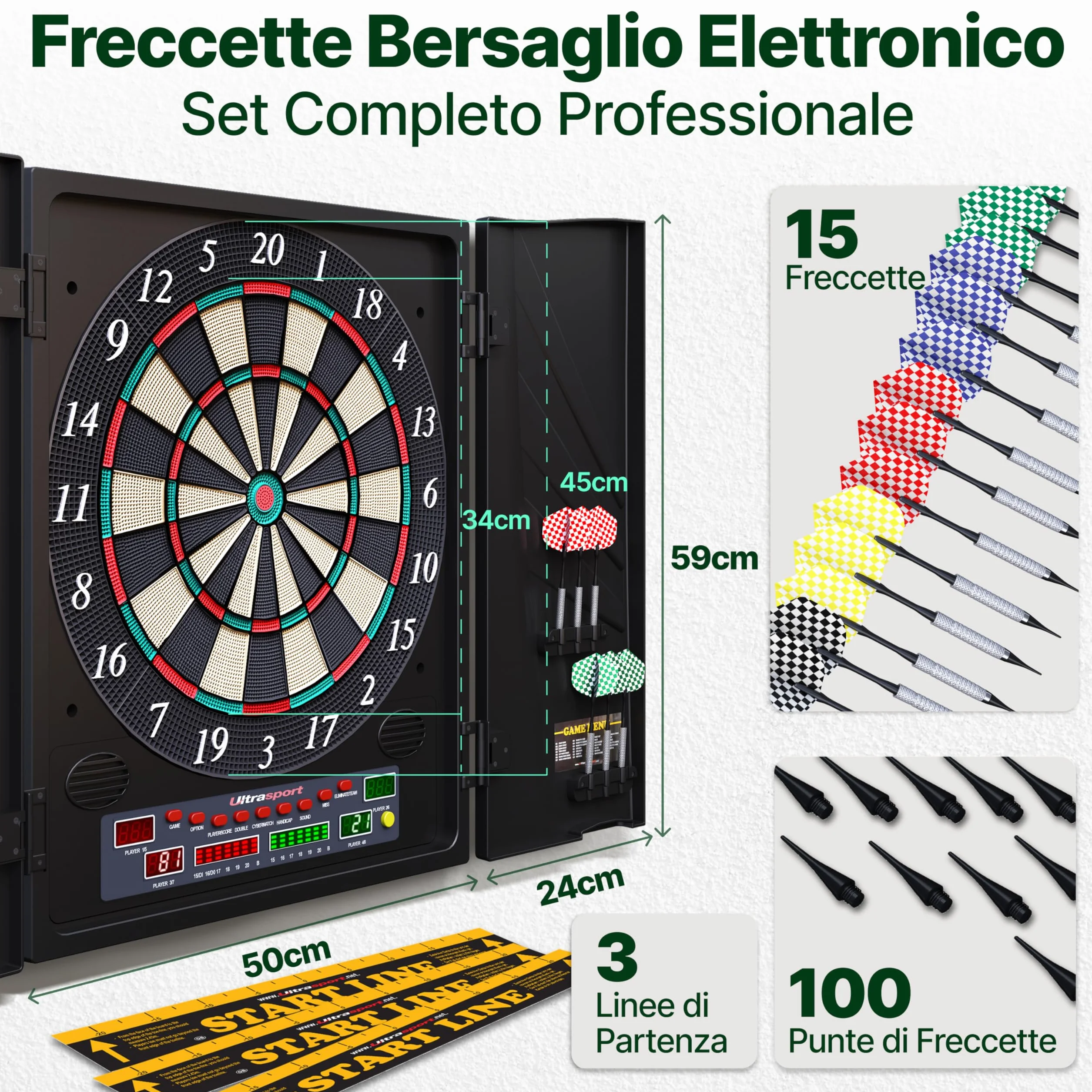 Ultrasport Tavola da Freccette Elettronica, 38 Giochi, 12 Freccette, 100 Punte morbide, LED