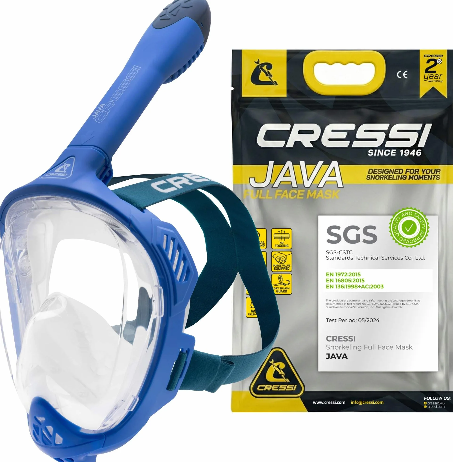 CRESSI Java Full Face Mask Snorkeling Integrale Compact Fit Anti Fog 100% Silicone Dry Snorkel