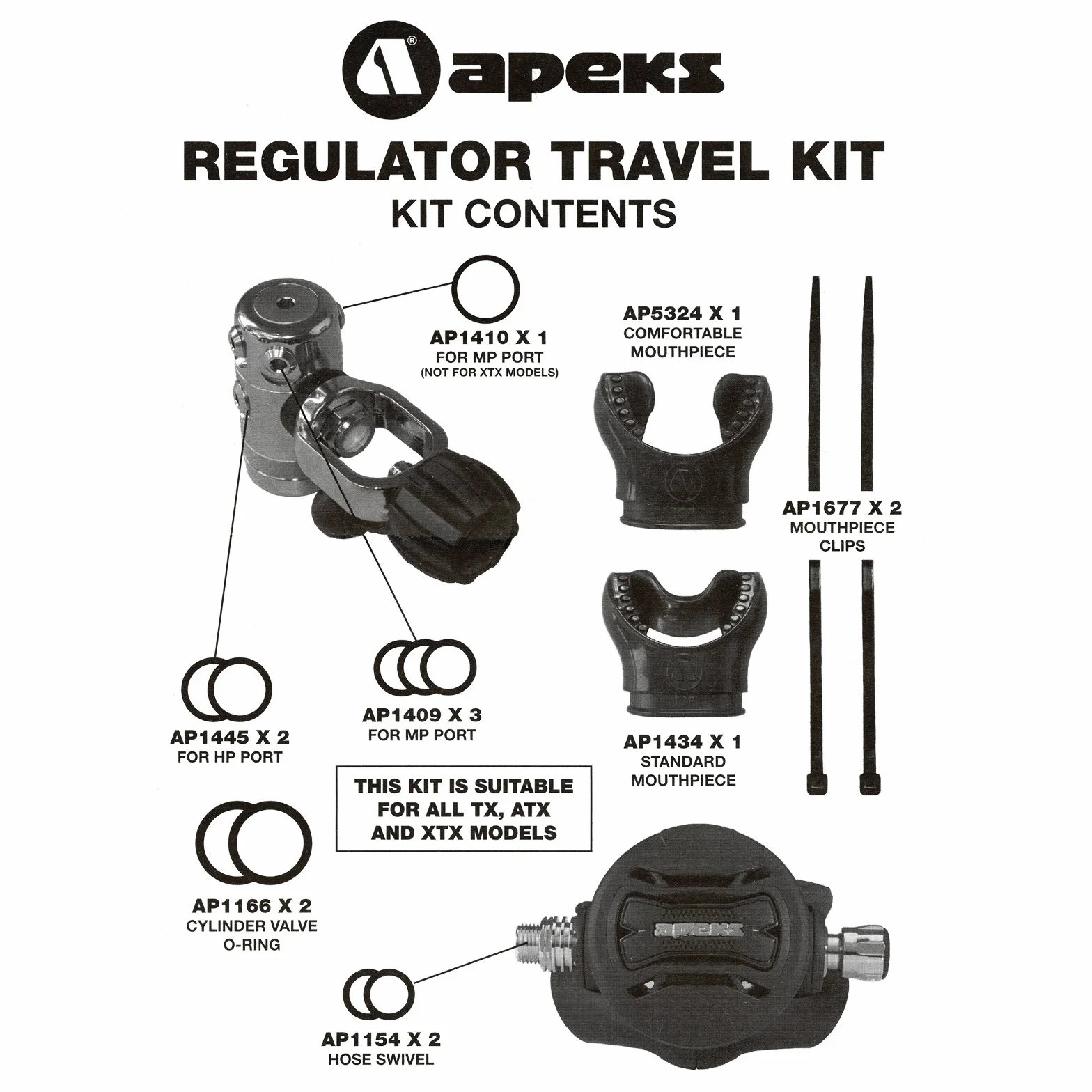 Apeks Kit da viaggio bocchini subacquei silicone nero 14 pezzi