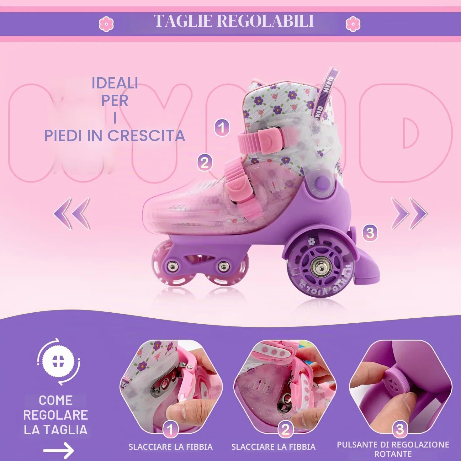 Pattini a Rotelle Bambina 4 Misure Regolabili, Struttura 3 Punti Stabile, Ruote Illuminate