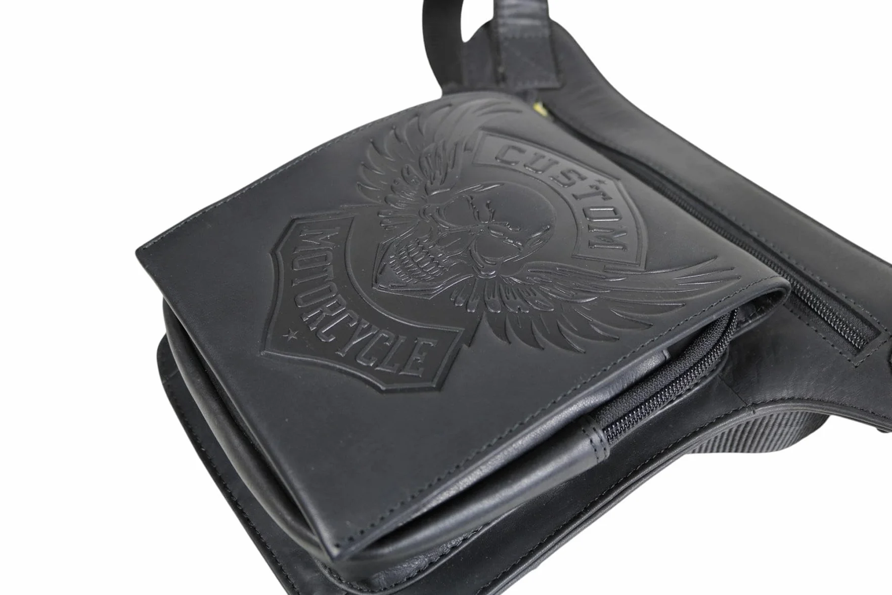 Borsa da gamba moto vera pelle uomo marsupio biker vintage teschio Custom Motorcycle MDM T81 Nero