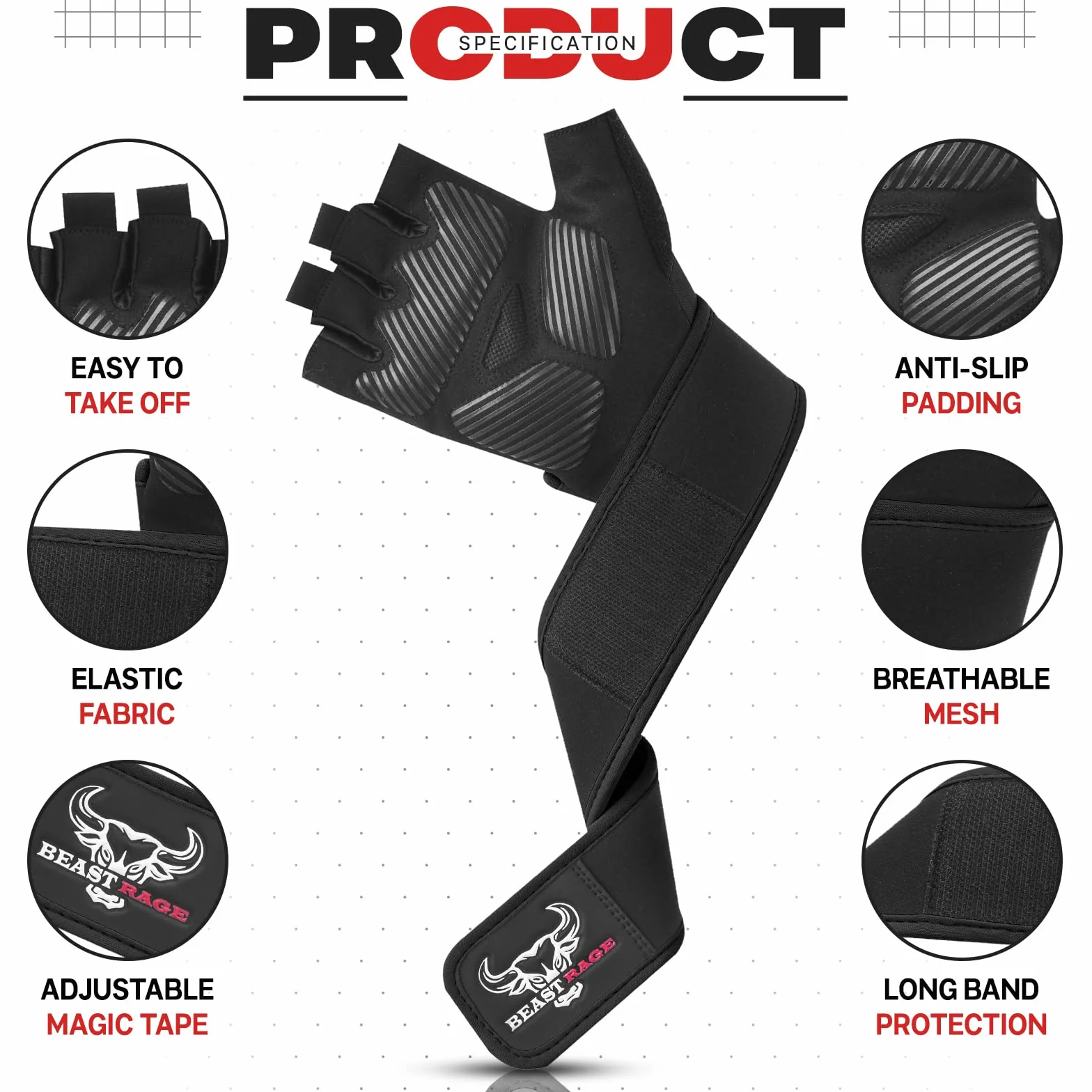 BEAST RAGE Guanti per sollevamento pesi con supporto polso e protezione palmo, traspiranti, nero
