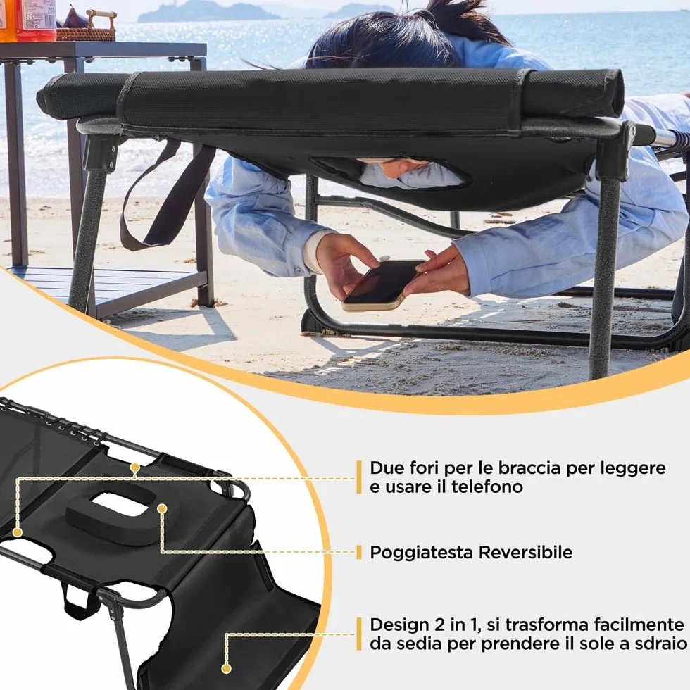 Yaheetech Lettino da Spiaggia Pieghevole Materasso Spesso 5 Regolazioni Tasca Laterale Portata 136 kg 189 x 67 x 35 cm Nero