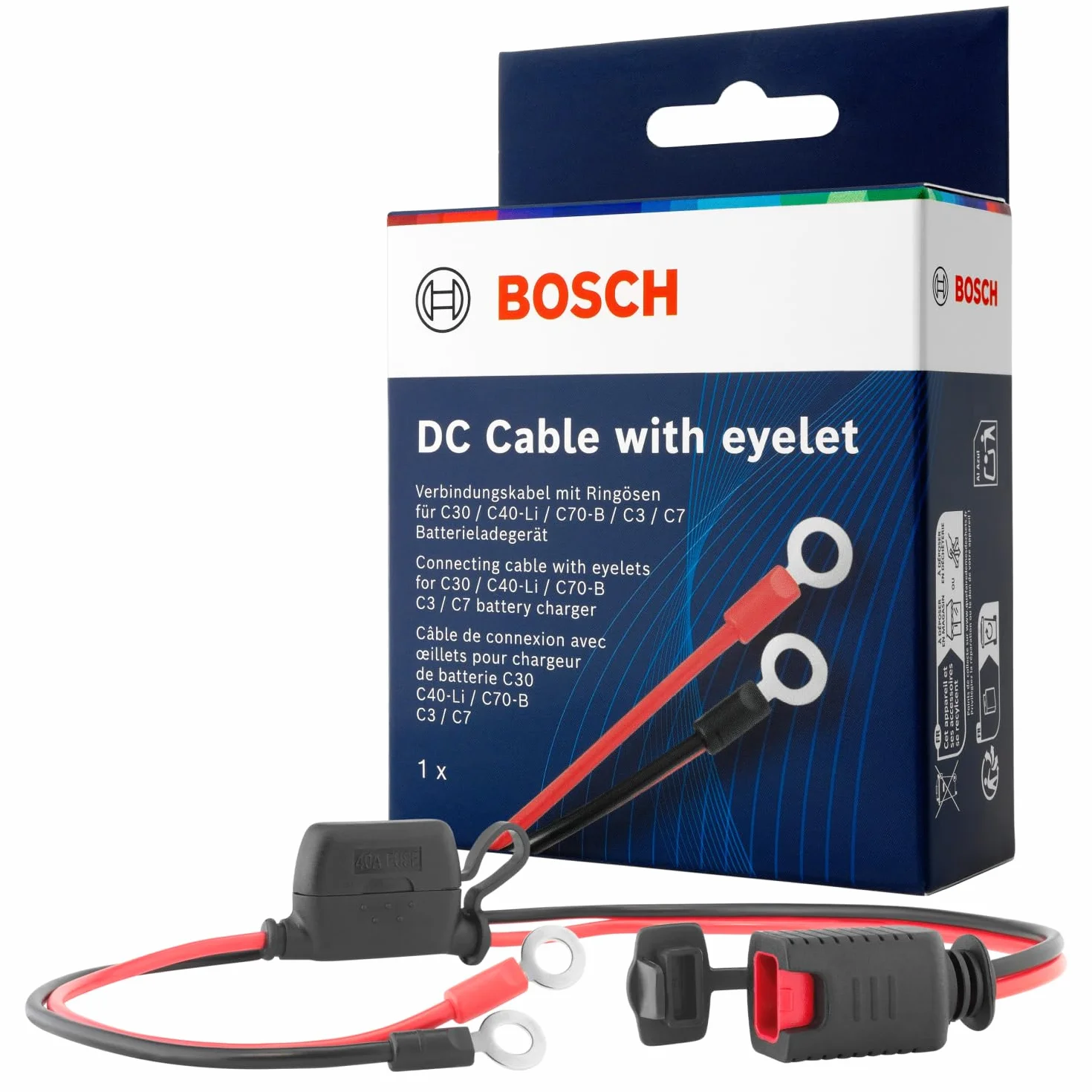 Cavo di Collegamento Bosch per Caricabatterie - Cavo Batteria con Capicorda e Fusibile da 10 A - Ricambio di Qualità Originale - Occhielli M6, Cavo da 52 cm - 0189999270