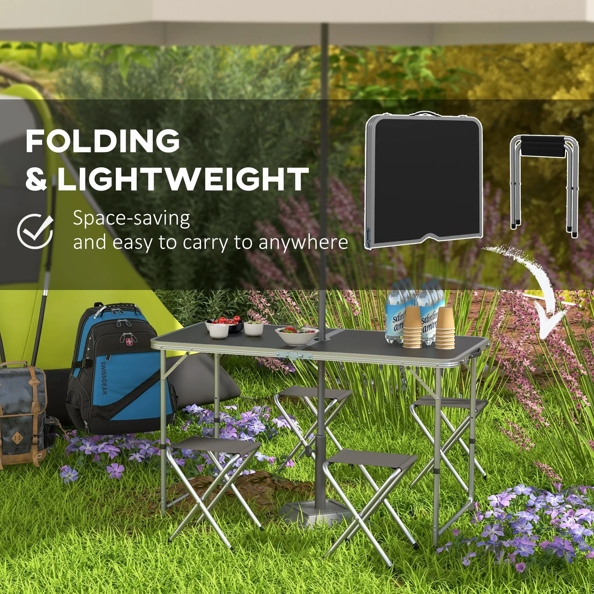Outsunny 5-Piece Camping Set Tavolo da campeggio pieghevole con sedie regolabile in altezza 120x60x55-70 cm Nero