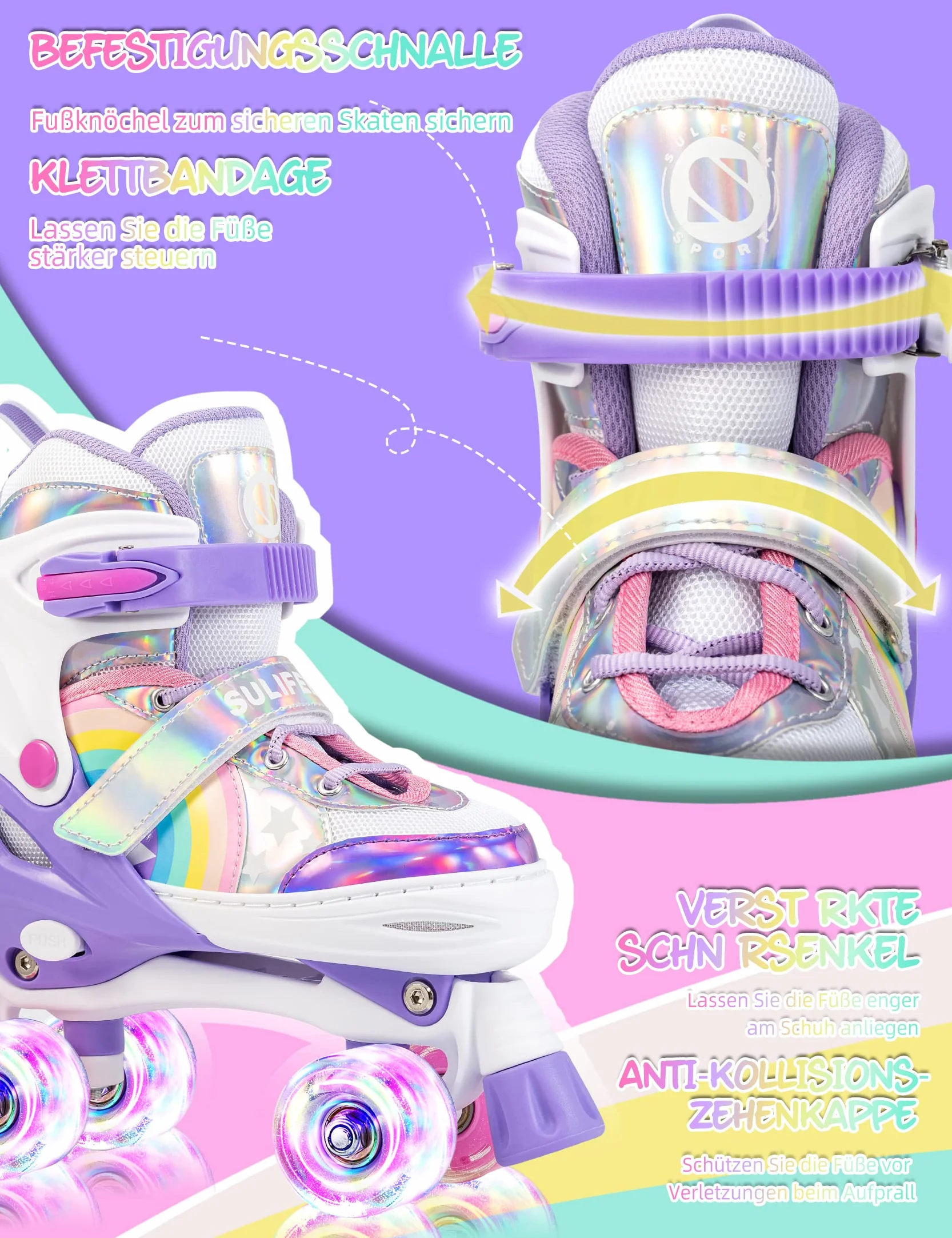 SULIFEEL Rainbow Unicorn Pattini a rotelle regolabili per bambini con ruote luminose per ragazze e ragazzi