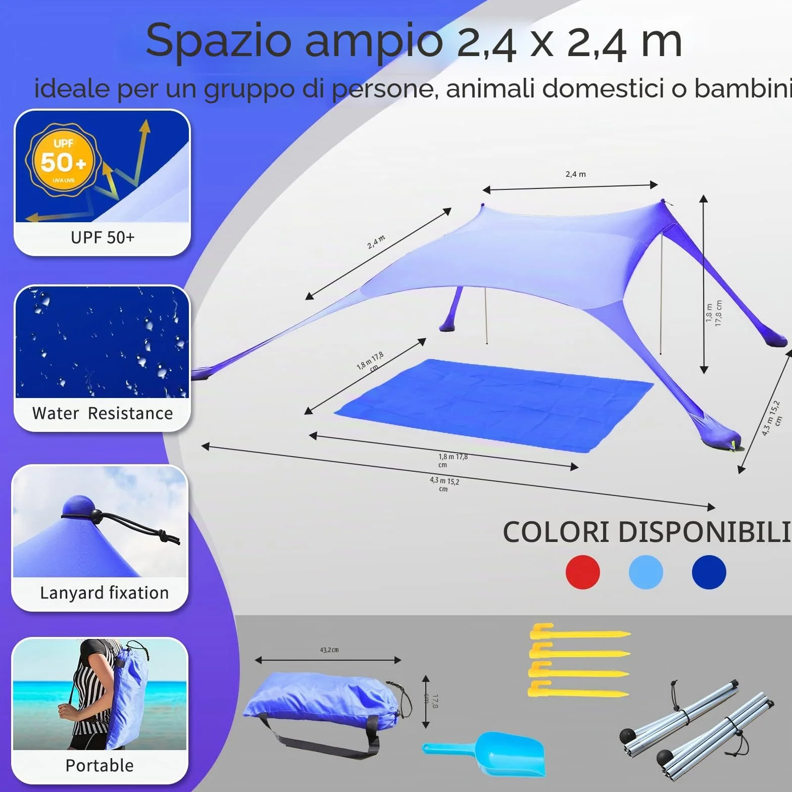 Tenda da spiaggia UPF50+, protezione UV, piccola tenda da sole per esterni, con 2 pali per campeggio, spiaggia, pesca, cortile e picnic