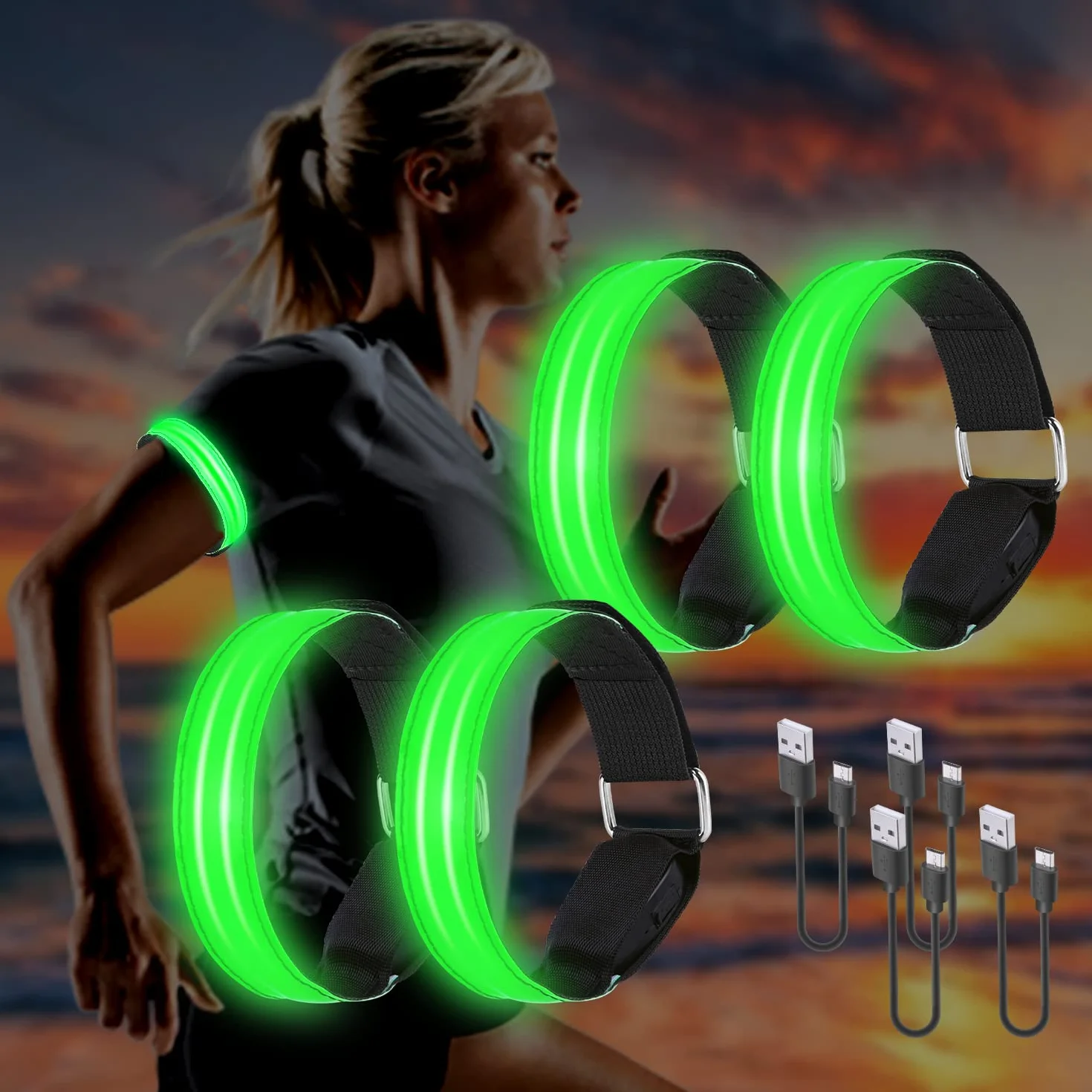 Bande Catarifrangenti LED Braccialetto Ricaricabile USB 3 Modalità Illuminazione Fascia Braccio Sicurezza Alta Visibilità per Running Bici Corsa Notturna (Verde)