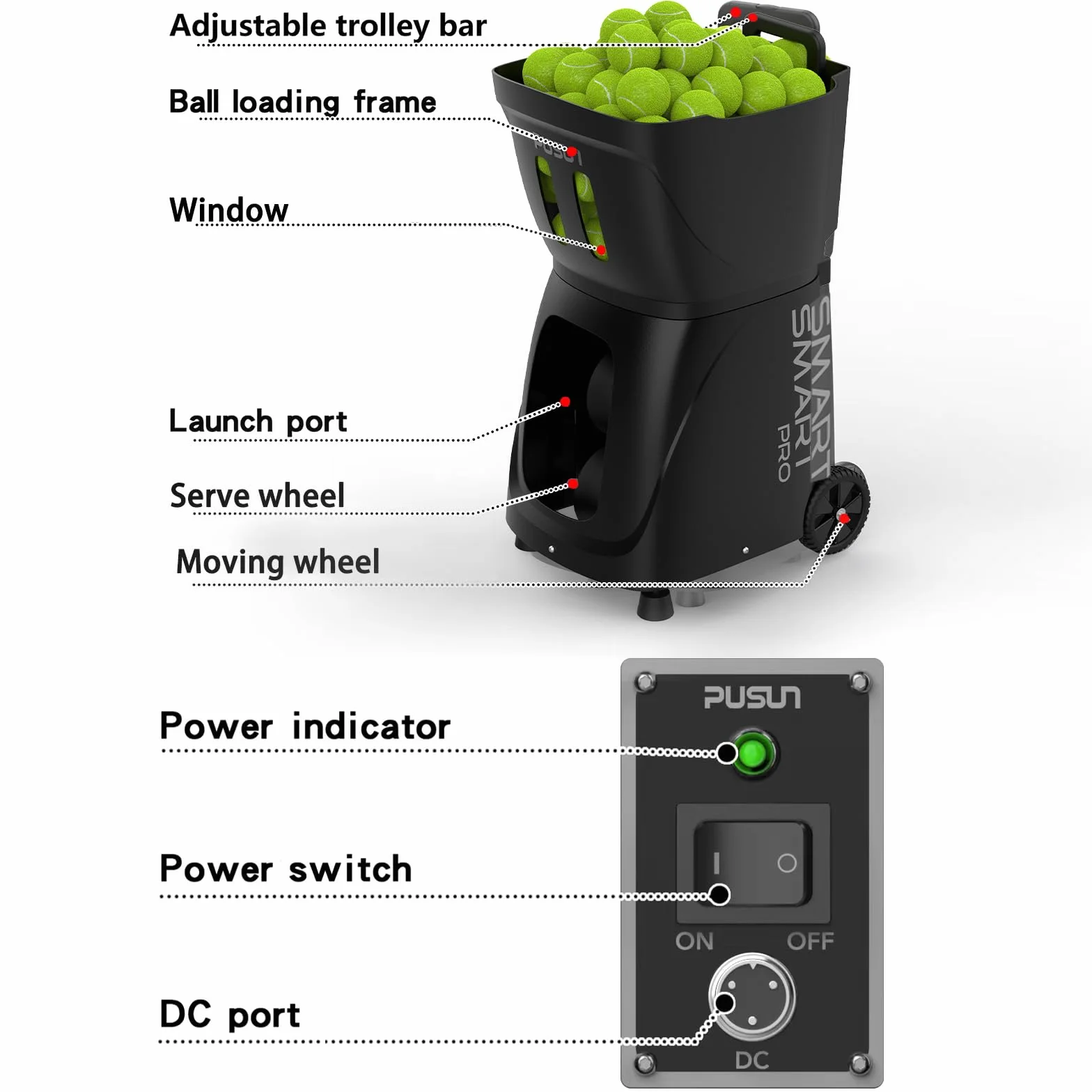 PT-Smart PRO lanciatore automatico di palline da tennis 12-75 MPH rotazione superiore/posteriore/laterale