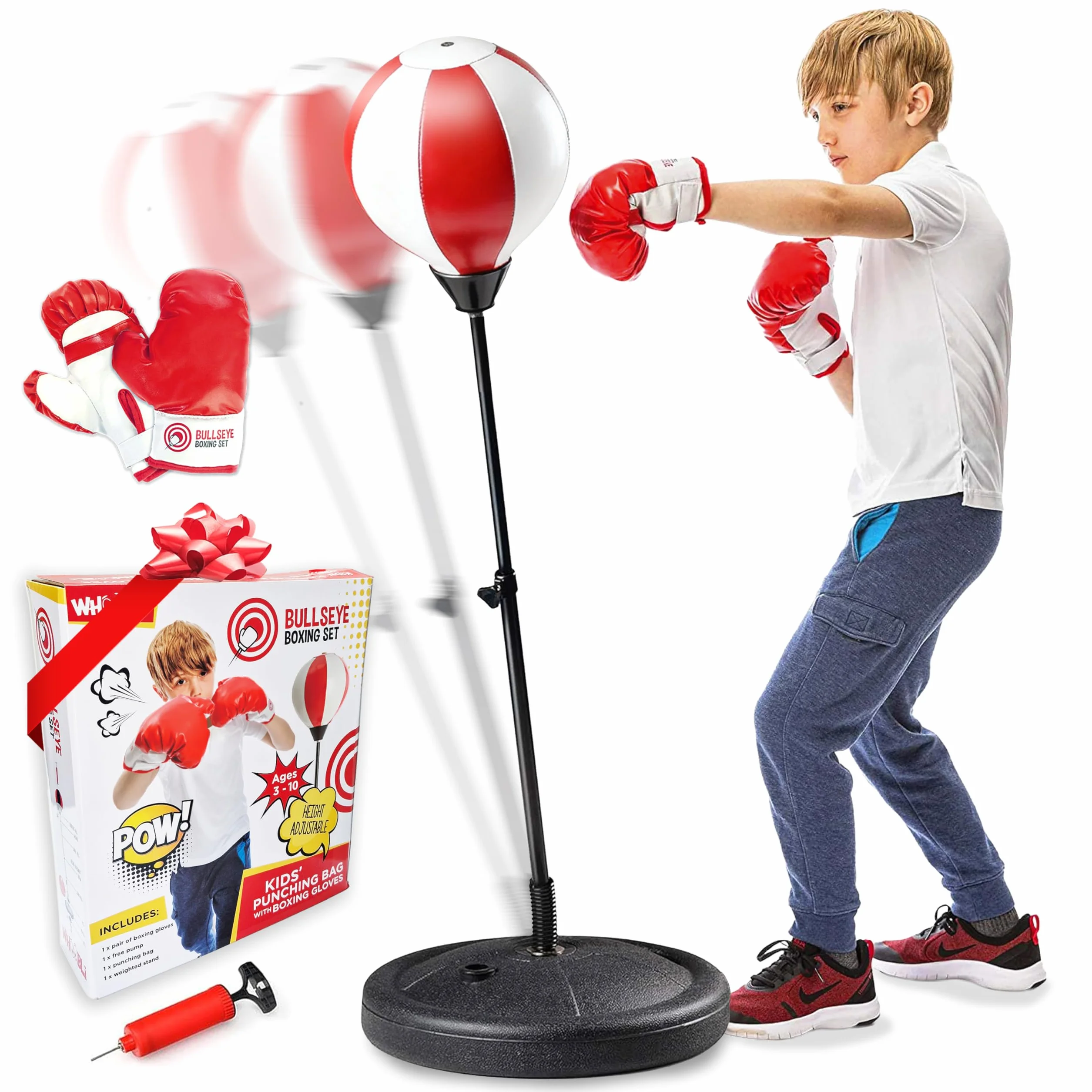 Whoobli Sacco da boxe per bambini con guantoni da boxe | 3-10 anni regolabile per bambini con supporto | Set di sacchi da boxe giocattolo per ragazzi e ragazze (rosso bianco); Nuovo 2024