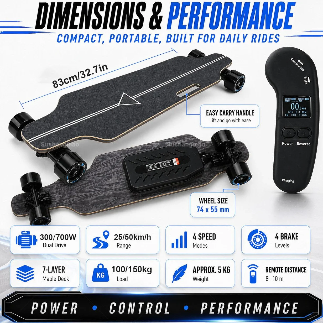 Skateboard Elettrico, Longboard Elettrico Con Telecomando Led Migliorato – Velocità Massima 25 O 50 Km/H, Controllo A 4 Velocità, Capacità 330 Lbs, Per Adulti E Adolescenti Single-Drive-15km