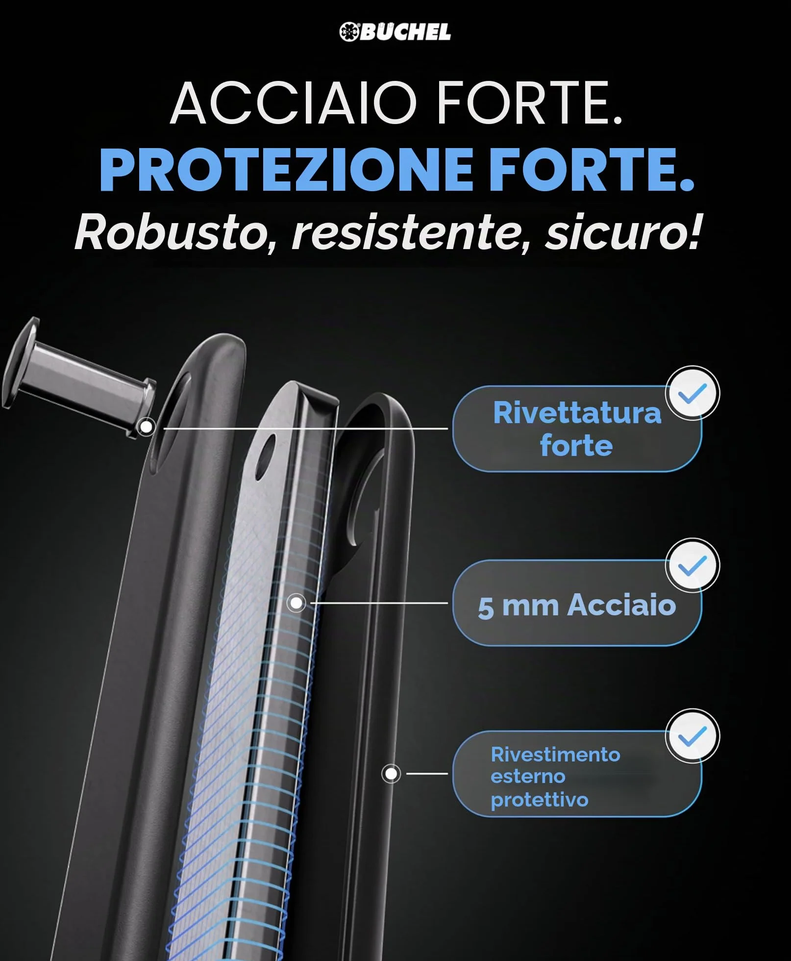 BÜCHEL Sekura Lucchetto Bici 85 cm – Catena Antifurto in Acciaio Temperato per E-Bike, Moto, Bicicletta con Supporto e 3 Chiavi