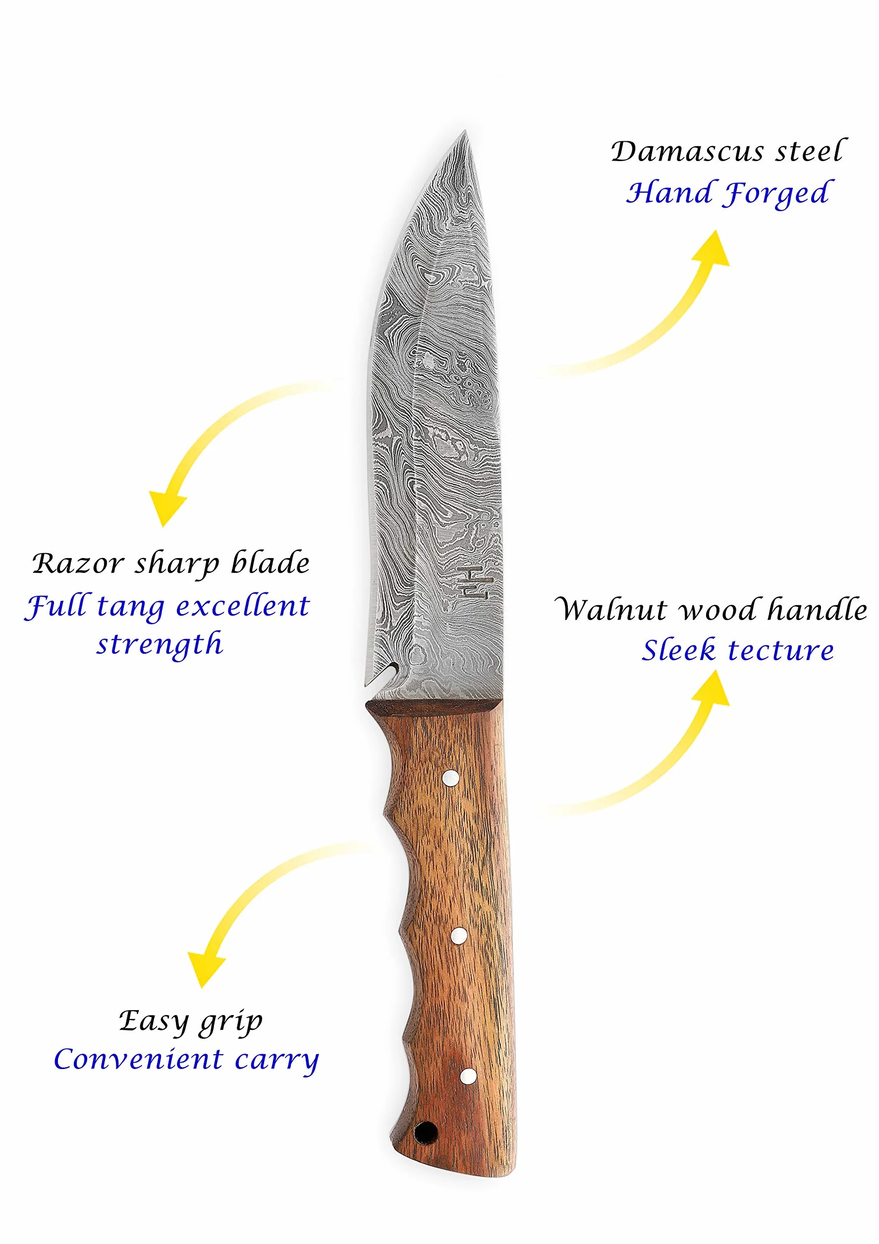 Hobby Hut HH-401, 11,5 Pollici Bushcraft Coltello in Acciaio Damasco | Coltello da Caccia, Manico in Legno di Noce | Fodero in Pelle | Lama affilata del Rasoio all'aperto