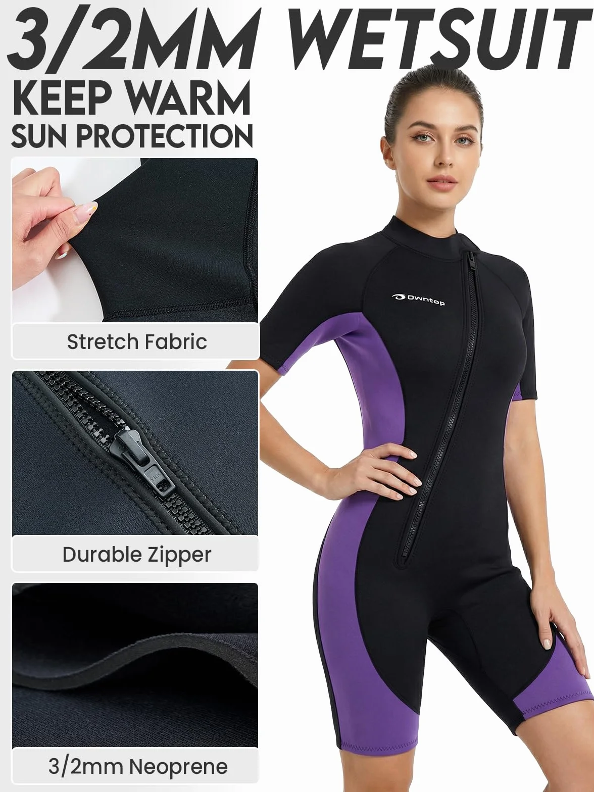 Owntop Muta da donna Shorty 3 mm Neoprene con cerniera frontale per surf nuoto immersioni triathlon