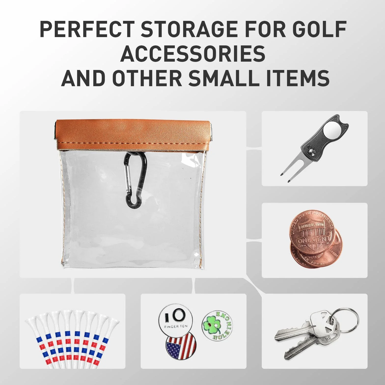 FINGER TEN Borsa porta palline da golf trasparente con tee in legno di bambù