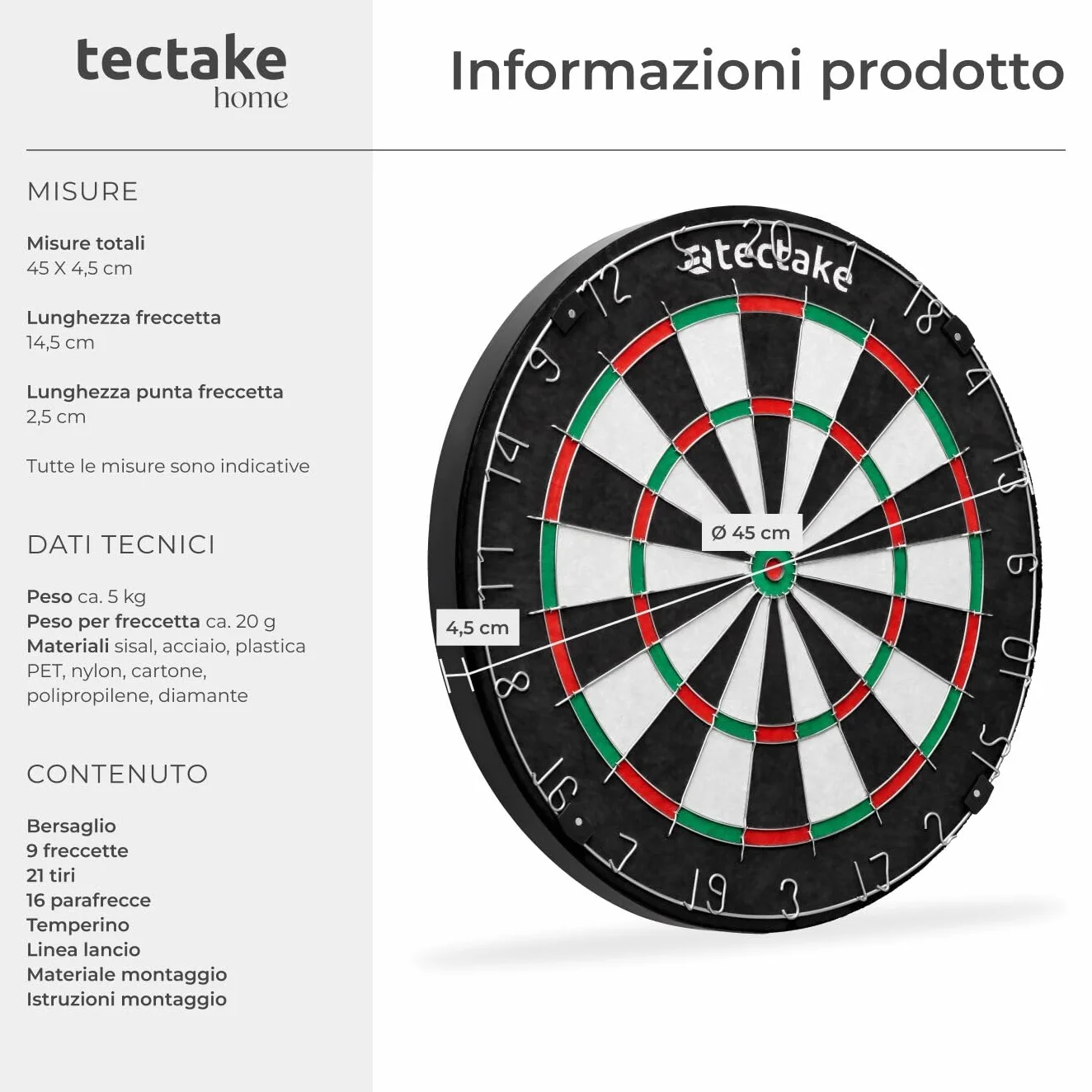 Tectake Bersaglio Freccette Professionali, 9 Frecce da Competizione, 21 Alette, Sisal Autorigenerante, Dart Board