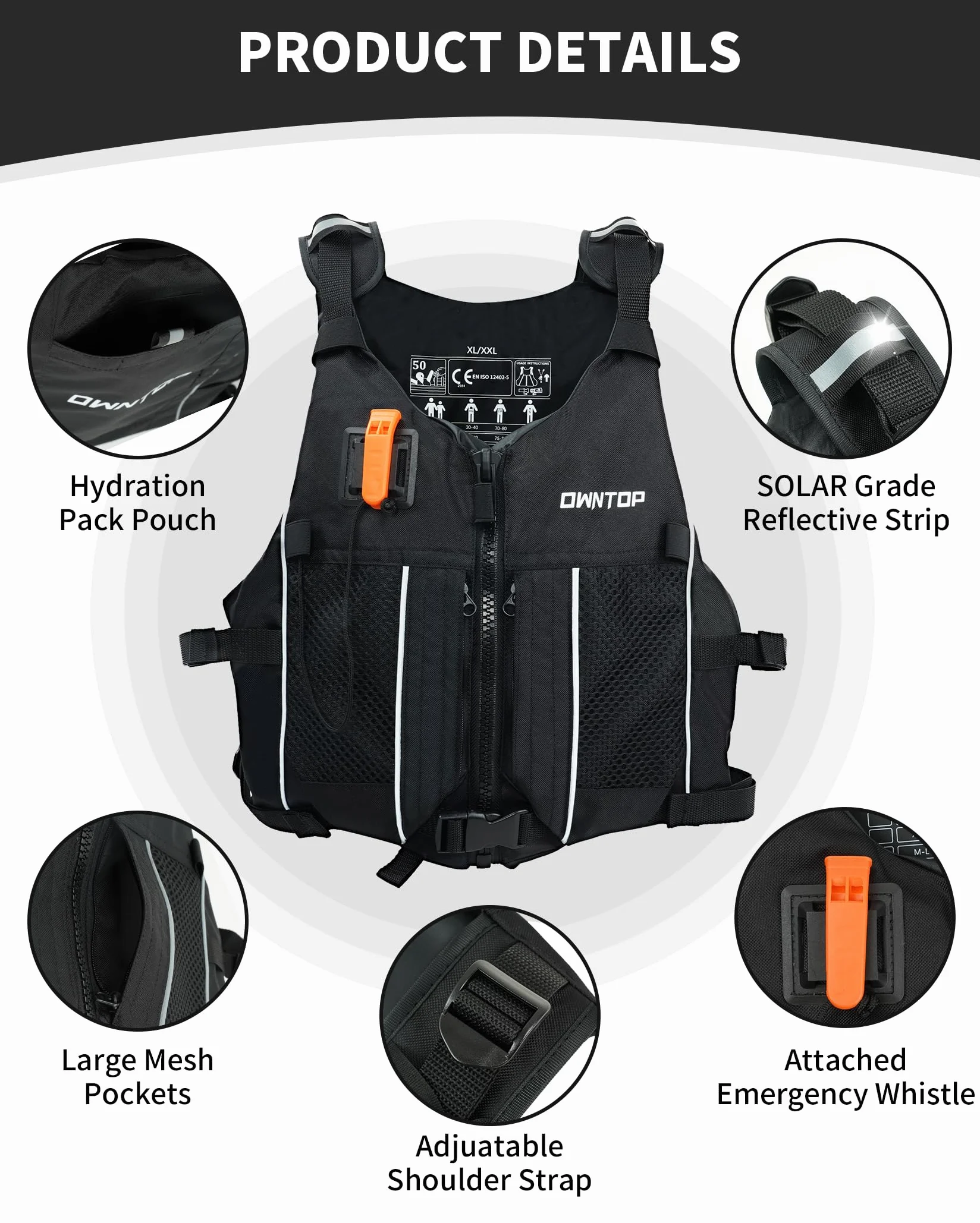 Owntop Aiuti per La Galleggiabilità per Adulti e Adolescenti con Zaino Idratazione, Fischietto e Tasche - Giubbotto Galleggiante Regolabile Gilet da Nuoto Unisex per Paddleboard, Kayak, Pesca, Vela