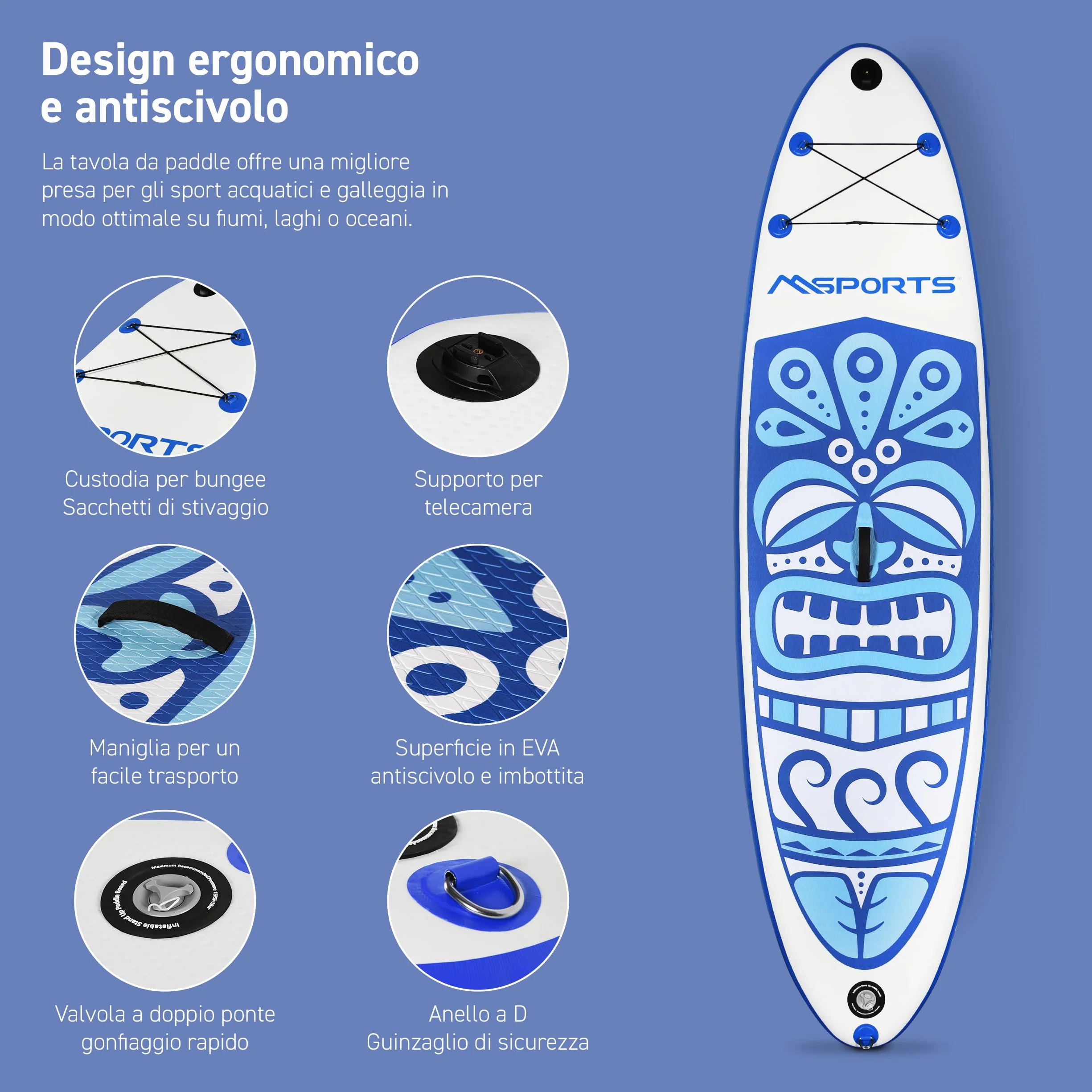 MSPORTS Stand Up Paddle Board gonfiabile completo paddleboard accessori pagaia regolabile, pompa di alta qualità + 2 bastoncini + custodia impermeabile per smartphone + borsa multifunzione