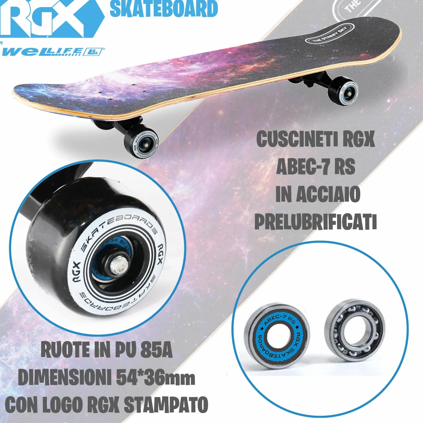 WeLLIFE Skateboard Completo Serie RGX 80x20 cm 9 Strati d’Acero Concavo Double Kick Cuscinetti Abec-7