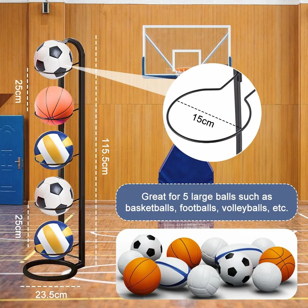 Rastrelliera da Basket Verticale 5 Livelli Porta Pallone Calcio in Metallo Scaffale Stoccaggio Sportivo - Nero