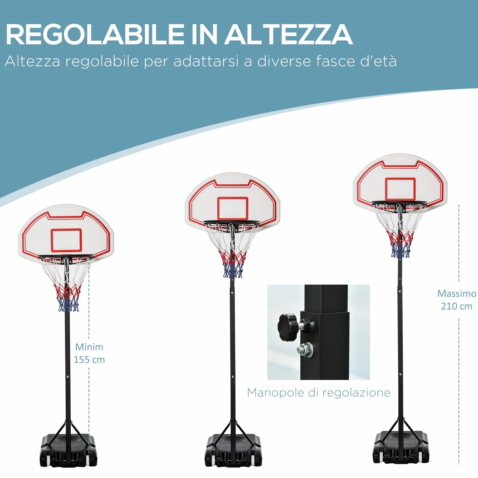 HOMCOM Canestro da Basket da Esterno in Acciaio Regolabile 73x49x194-249 cm