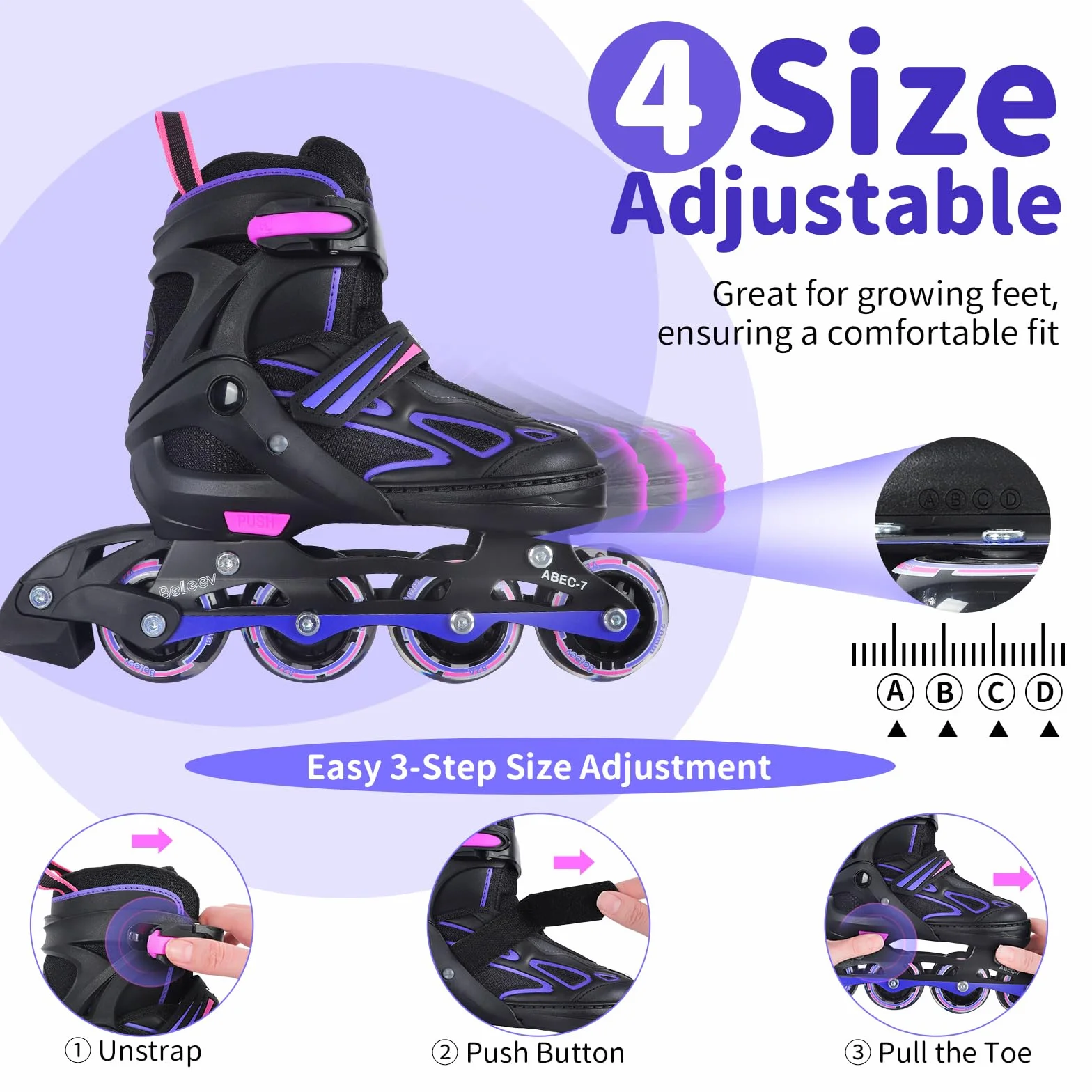 Pattini In Linea Bambina Regolabili con Ruote LED Luminose, BELEEV Inline Skates per Bambino Principianti