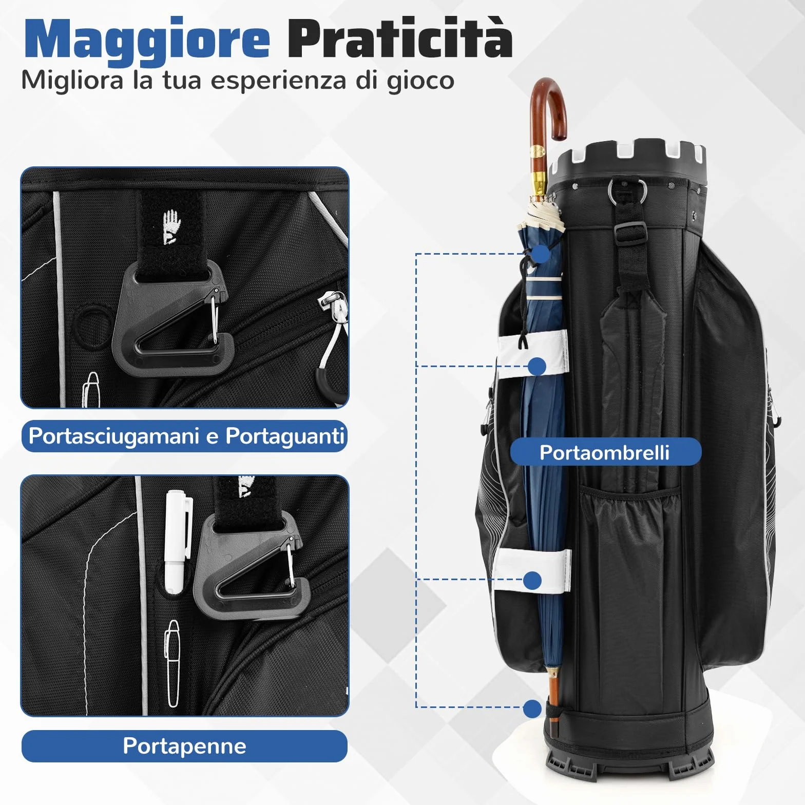 COSTWAY Borsa Carrello da Golf 14 Vie 11 Tasche Sacca Isolante Tracolla Imbottita Cappuccio Antipioggia
