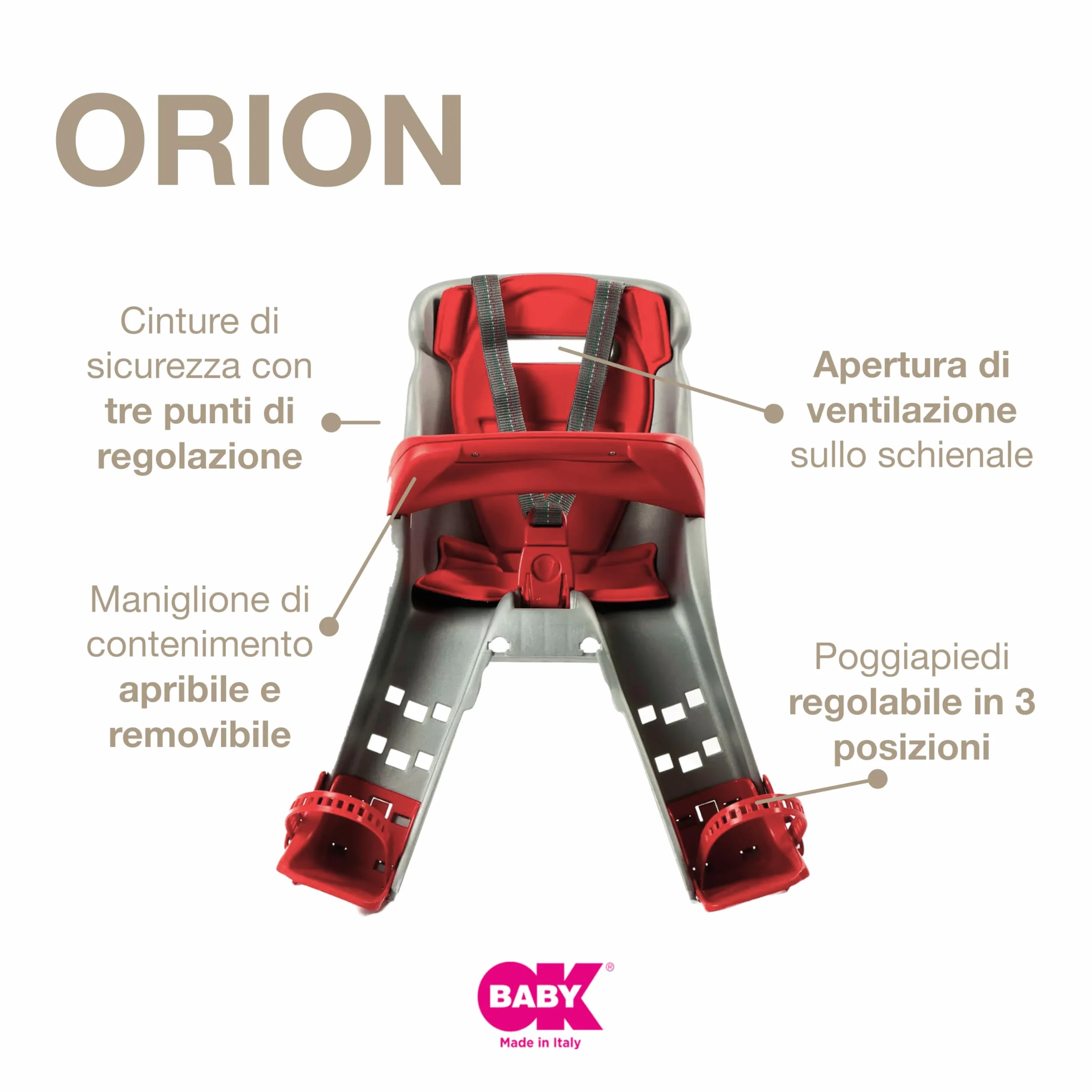 OKBABY Orion Seggiolino Anteriore per Bambini Sicurezza Bicicletta 15 kg Compatibile Elettriche Blu Rosso 54x45x33 cm