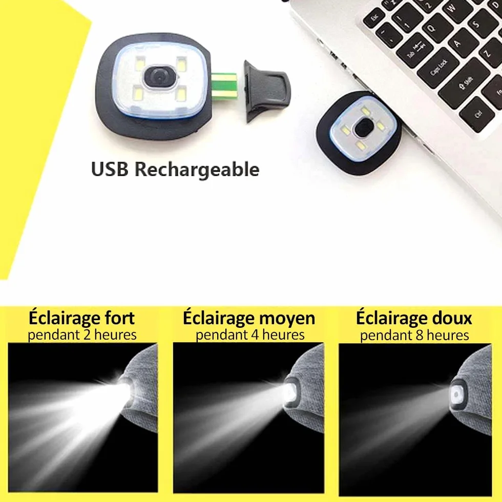Berretto con lampada frontale a LED USB ricaricabile grigio