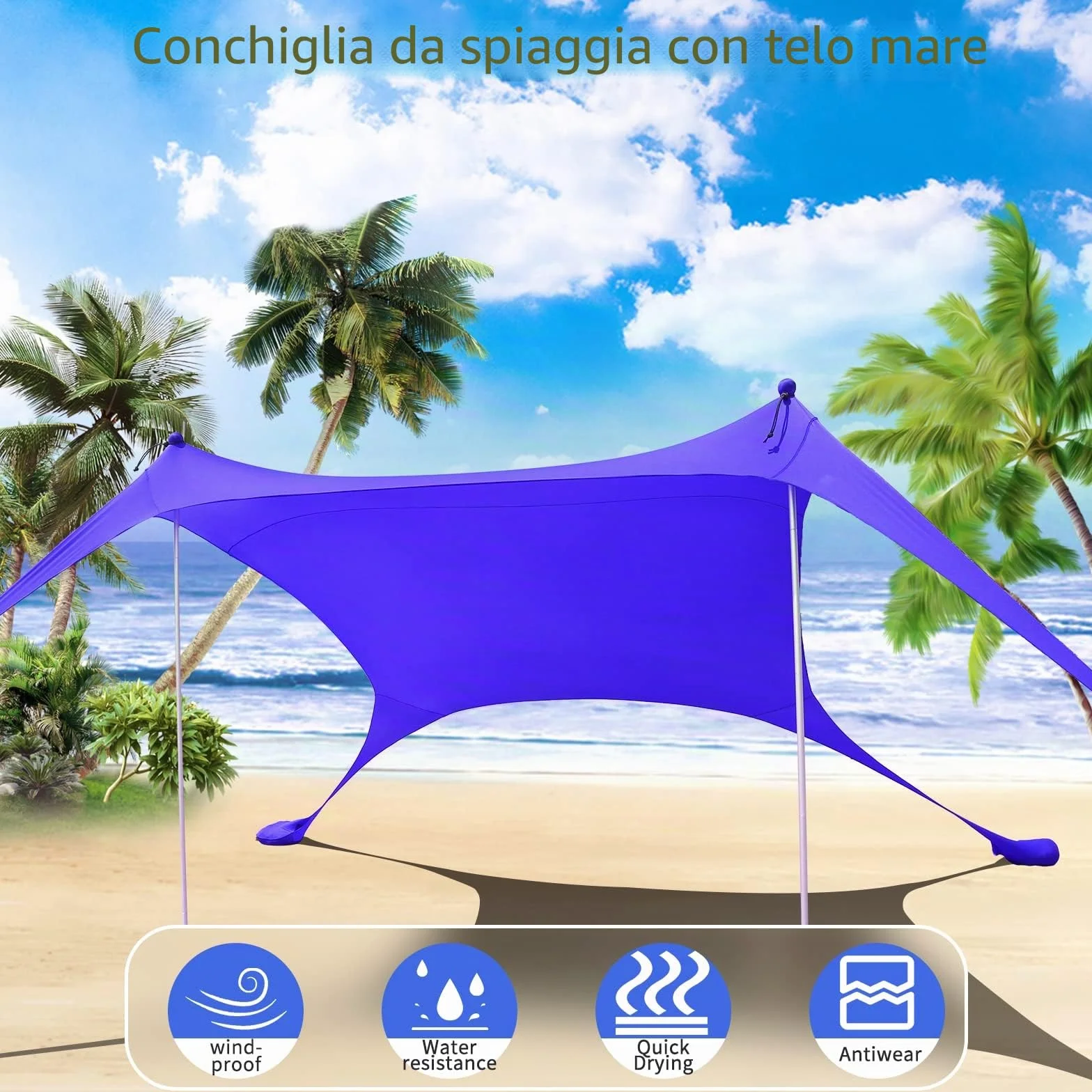 Tenda da spiaggia UPF50+, protezione UV, piccola tenda da sole per esterni, con 2 pali per campeggio, spiaggia, pesca, cortile e picnic