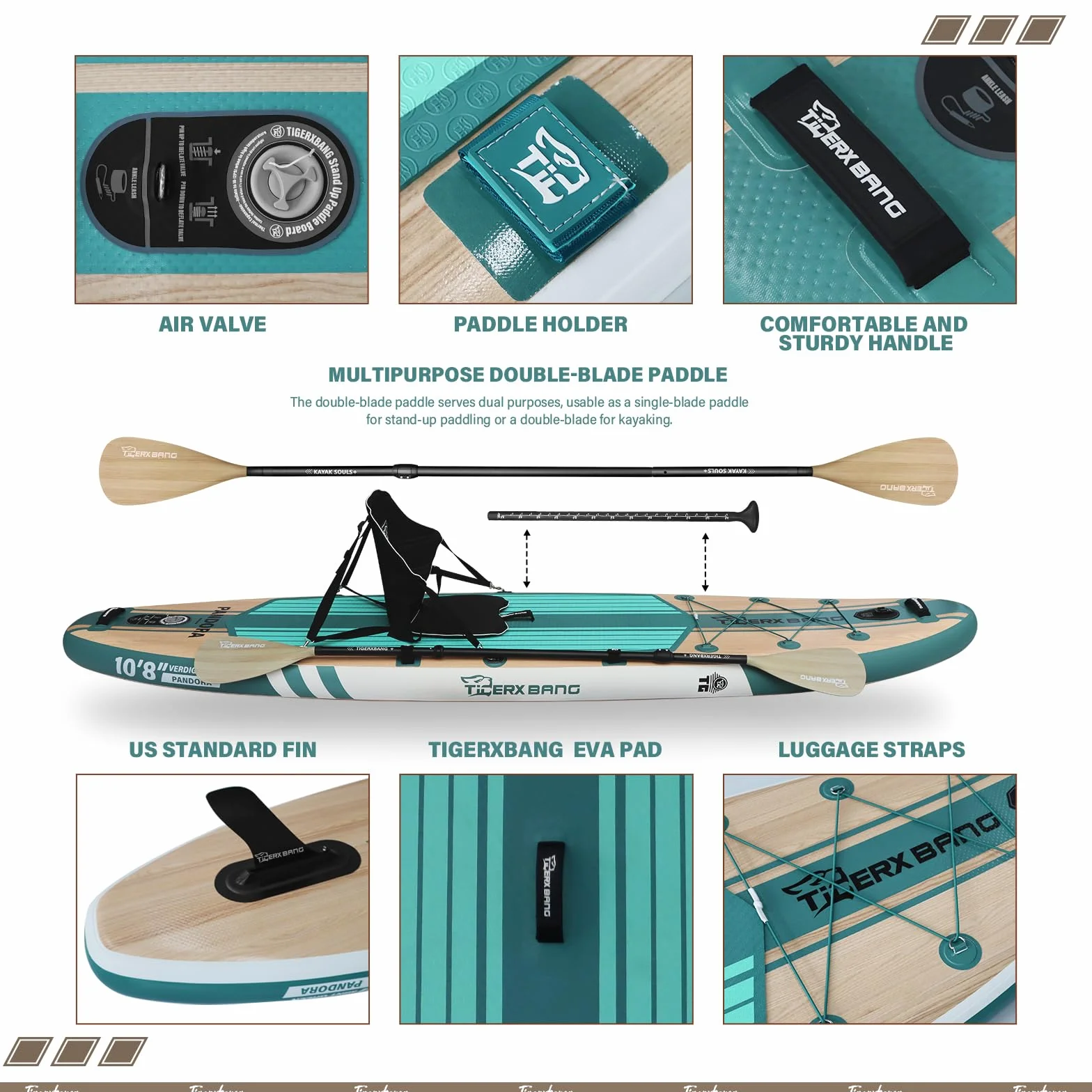 TIGERXBANG SUP Gonfiabile Adulti, tavola da paddle board da 330cm con accessori premium completi per SUP gonfiabile, paddleboard extra larghe per adulti e bambini - Collezione Pandora