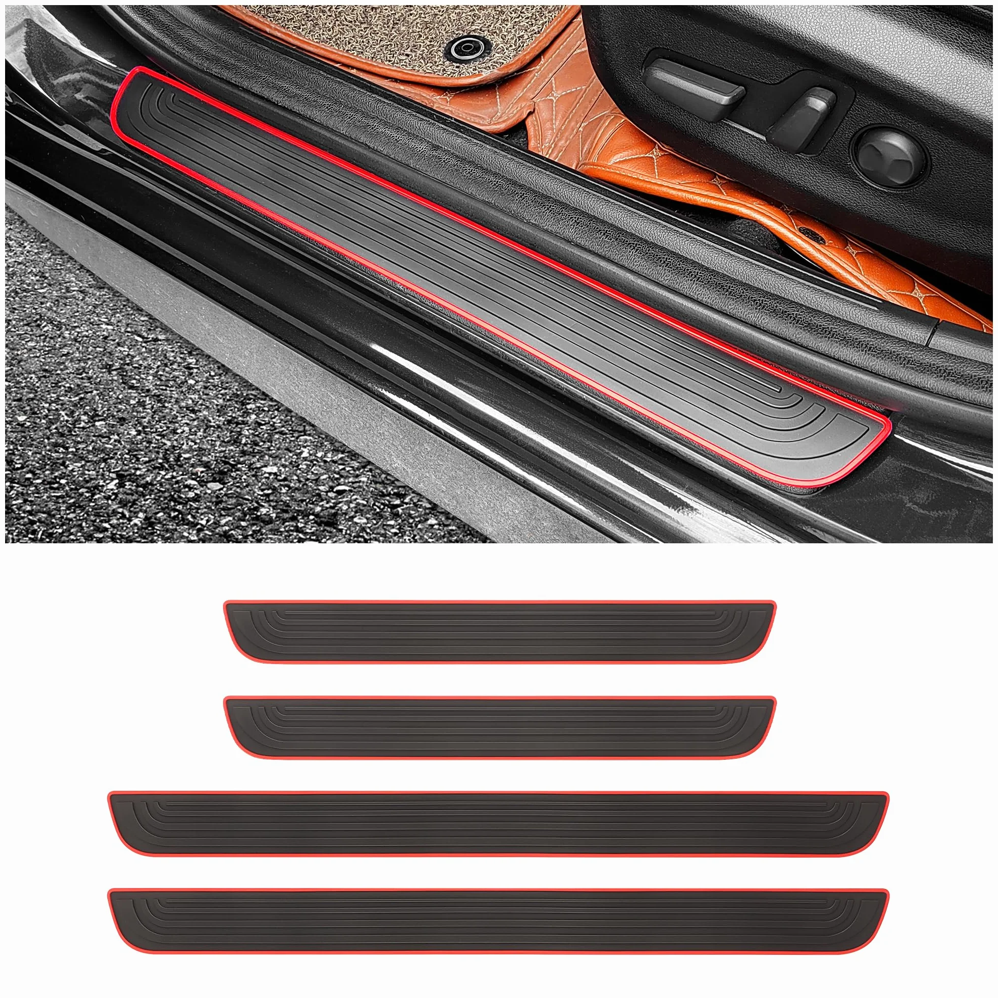 4 Pezzi Battitacco Auto,Protezione Portiere Auto in Gomma Antigraffio per i Gradini della Porta,Universale Impermeabile Paracolpi Portiere Auto Accessori Auto (Nero/Rosso, Ampiezza 4CM)