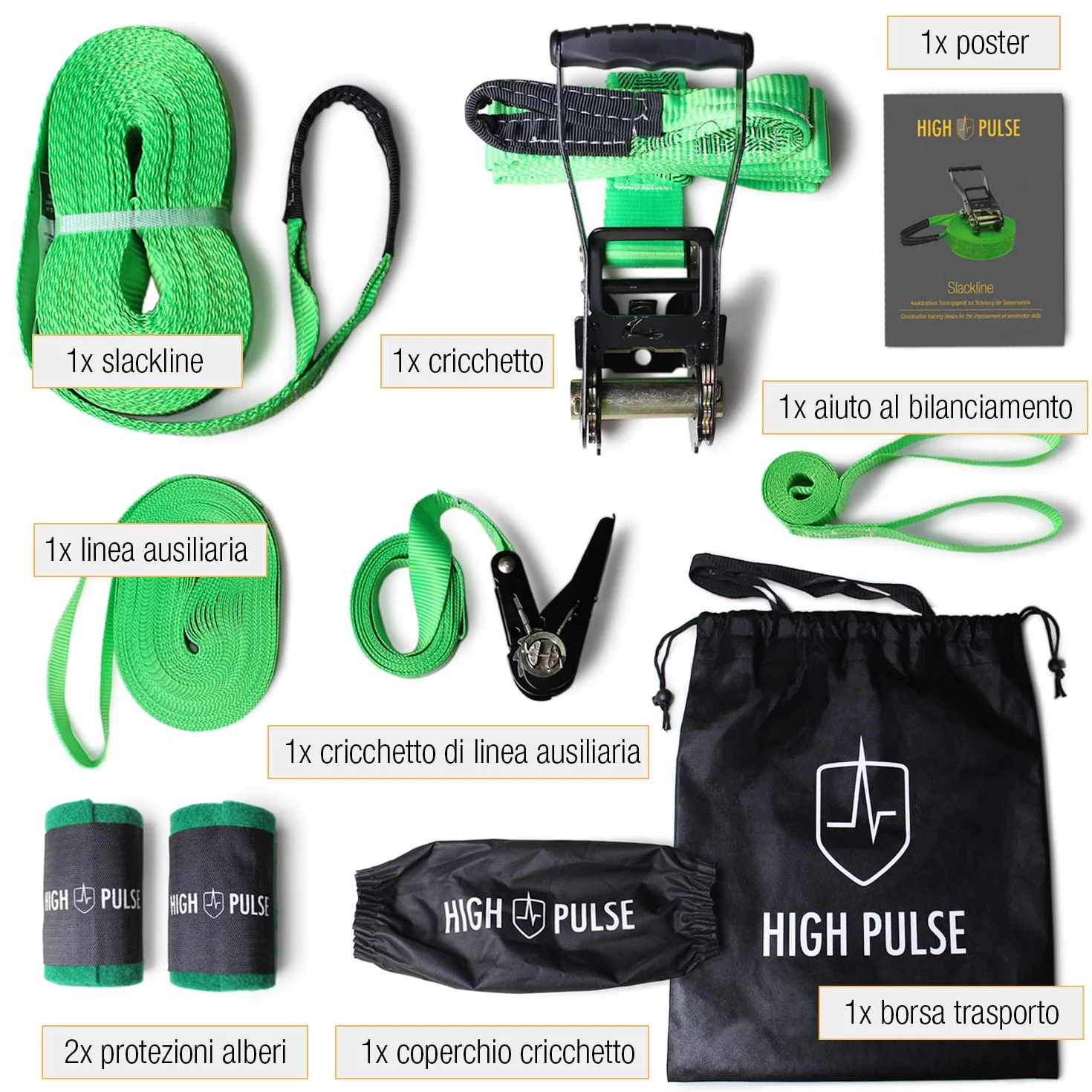 High Pulse Slackline kit 15m Set completo cricchetto protezione corda ausiliaria bilanciamento protezione albero borsa