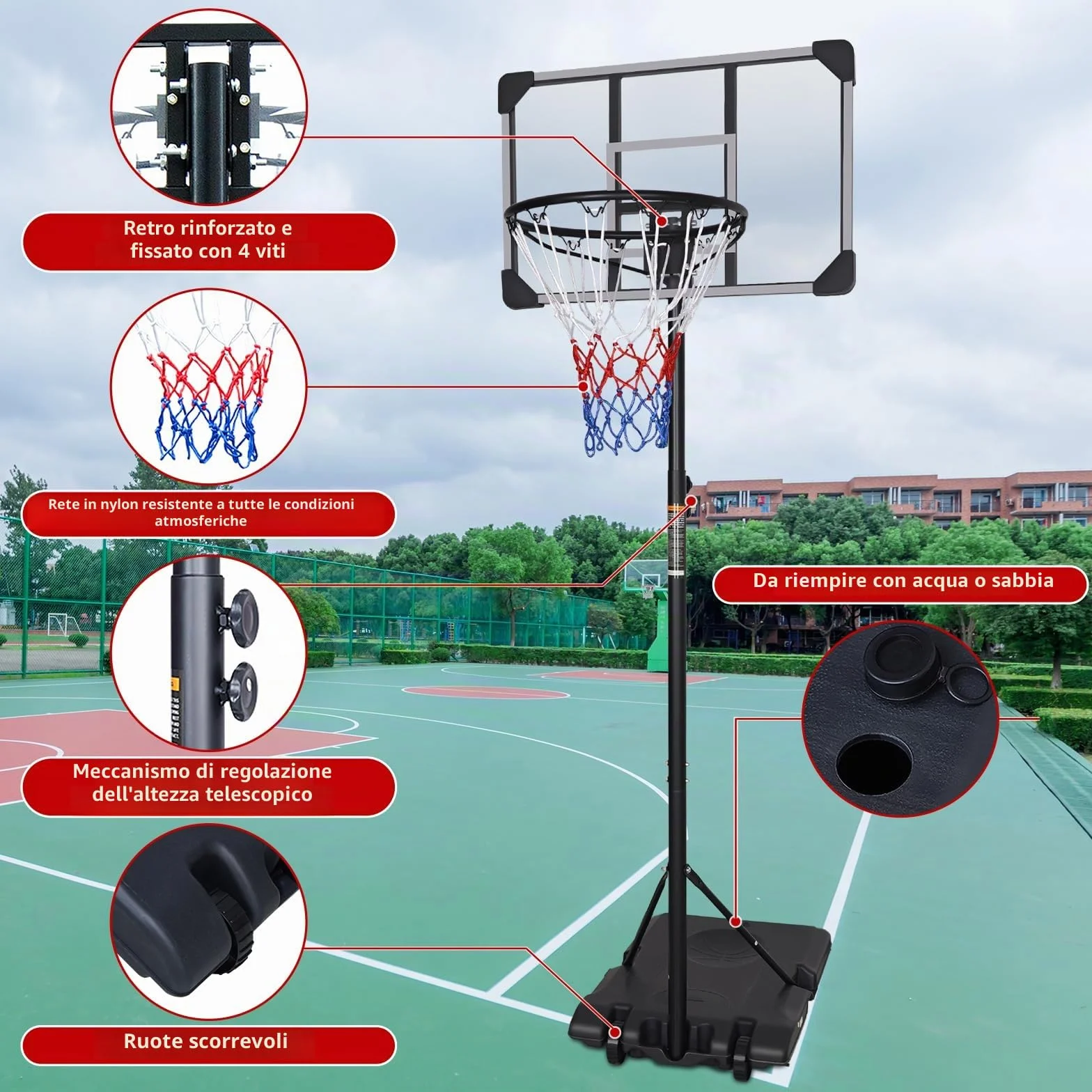 Canestro da basket portatile regolabile 7 piedi tabellone trasparente 165-213 cm