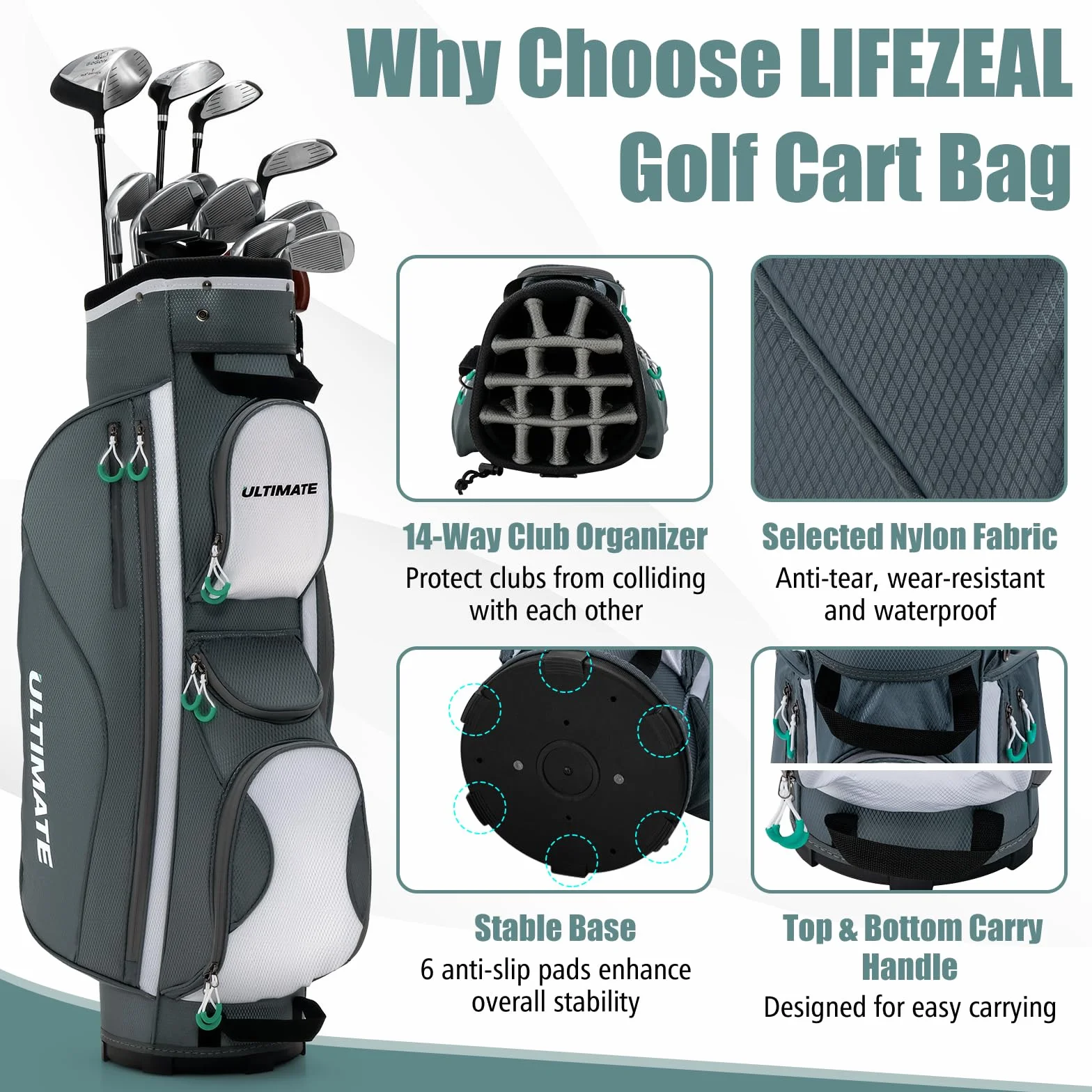 LIFEZEAL Borsa da golf con 14 divisori, 7 tasche, portatile spalla a mano