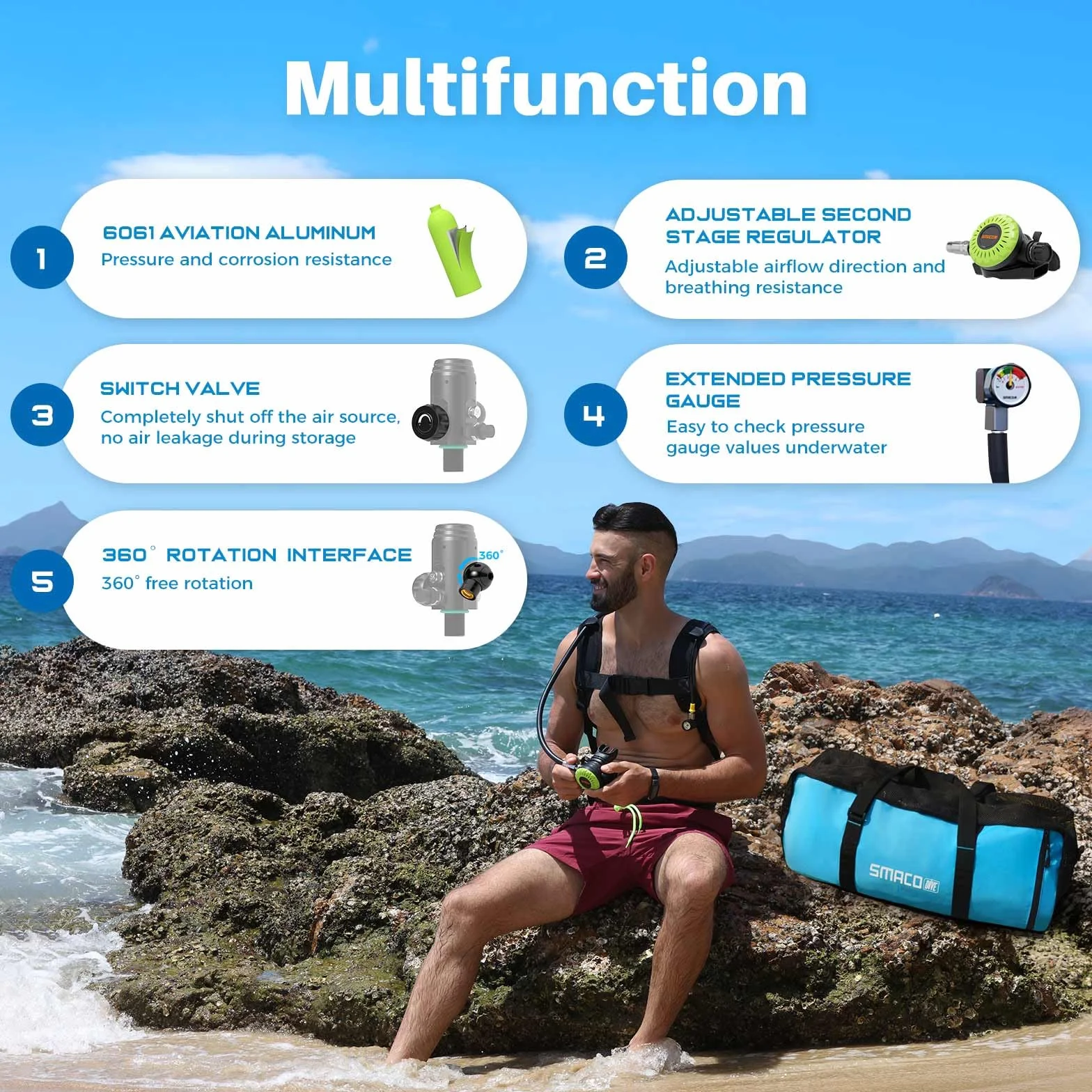 SMACO S700 Plus Mini Bombola Subacquea 2L Sub Scuba Tank Emergenza Aria Riserva