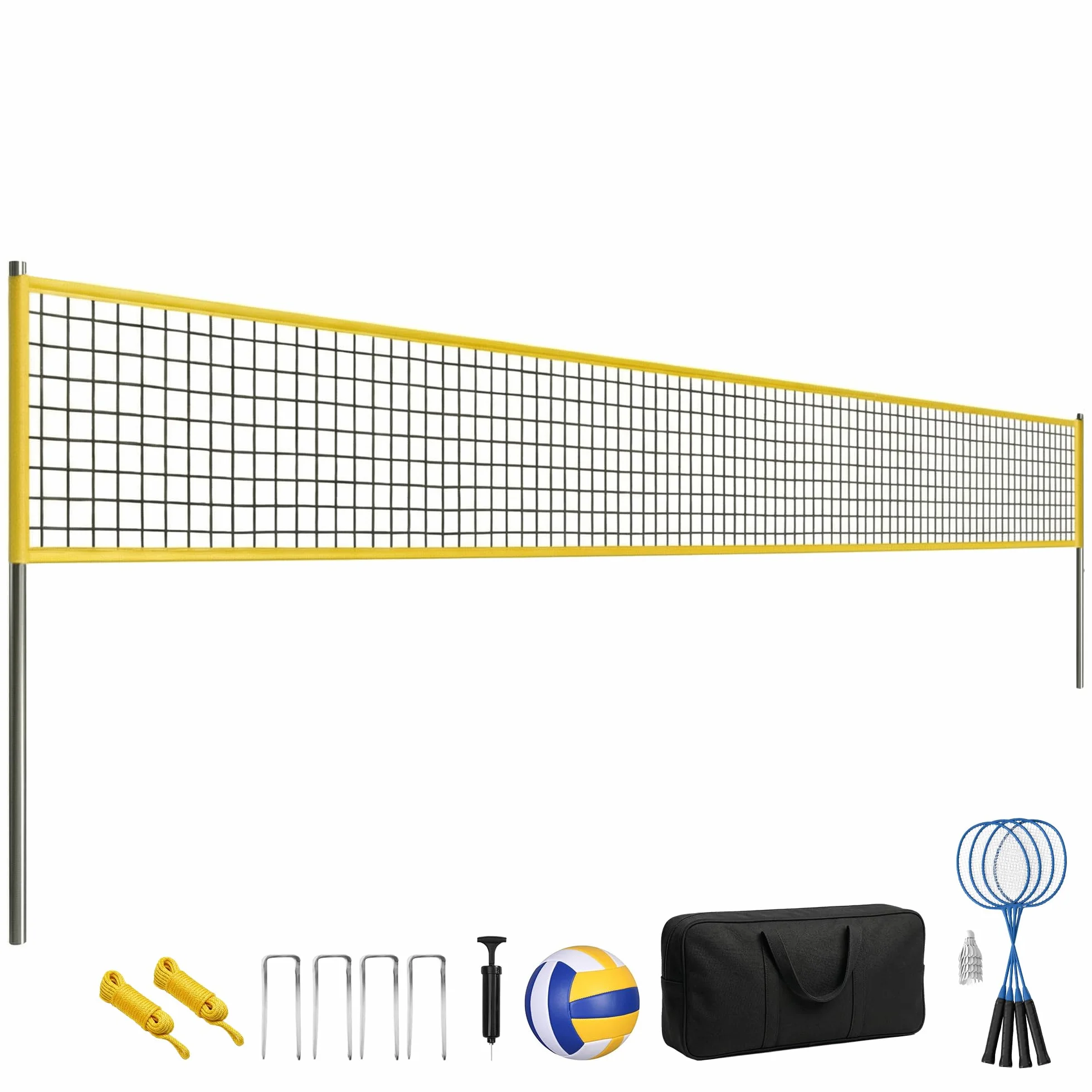 SPORTNOW Set di pallavolo e Badminton, pali in acciaio regolabile in altezza, pallone da pallavolo, rete Badminton portatile, 4 racchette da neve, 4 volant, borsa per il trasporto, per prato spiaggia
