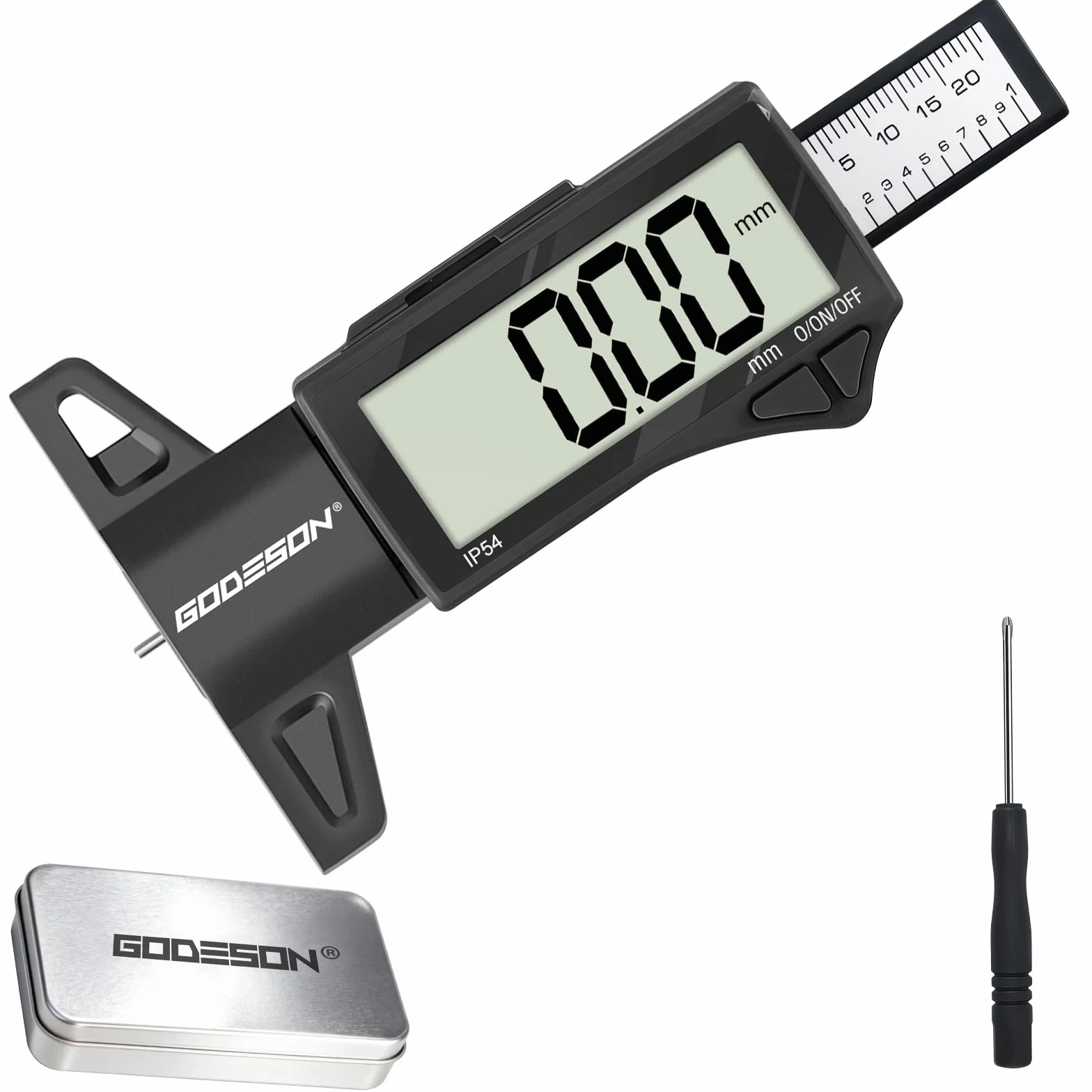 GODESON Spessimetro per Pneumatici Digitale, Intervallo 0-25,4mm/1 Pollici, Impermeabile IP54 Misuratore di Profondità con Ampio Display LCD, per Auto, Moto e Vans