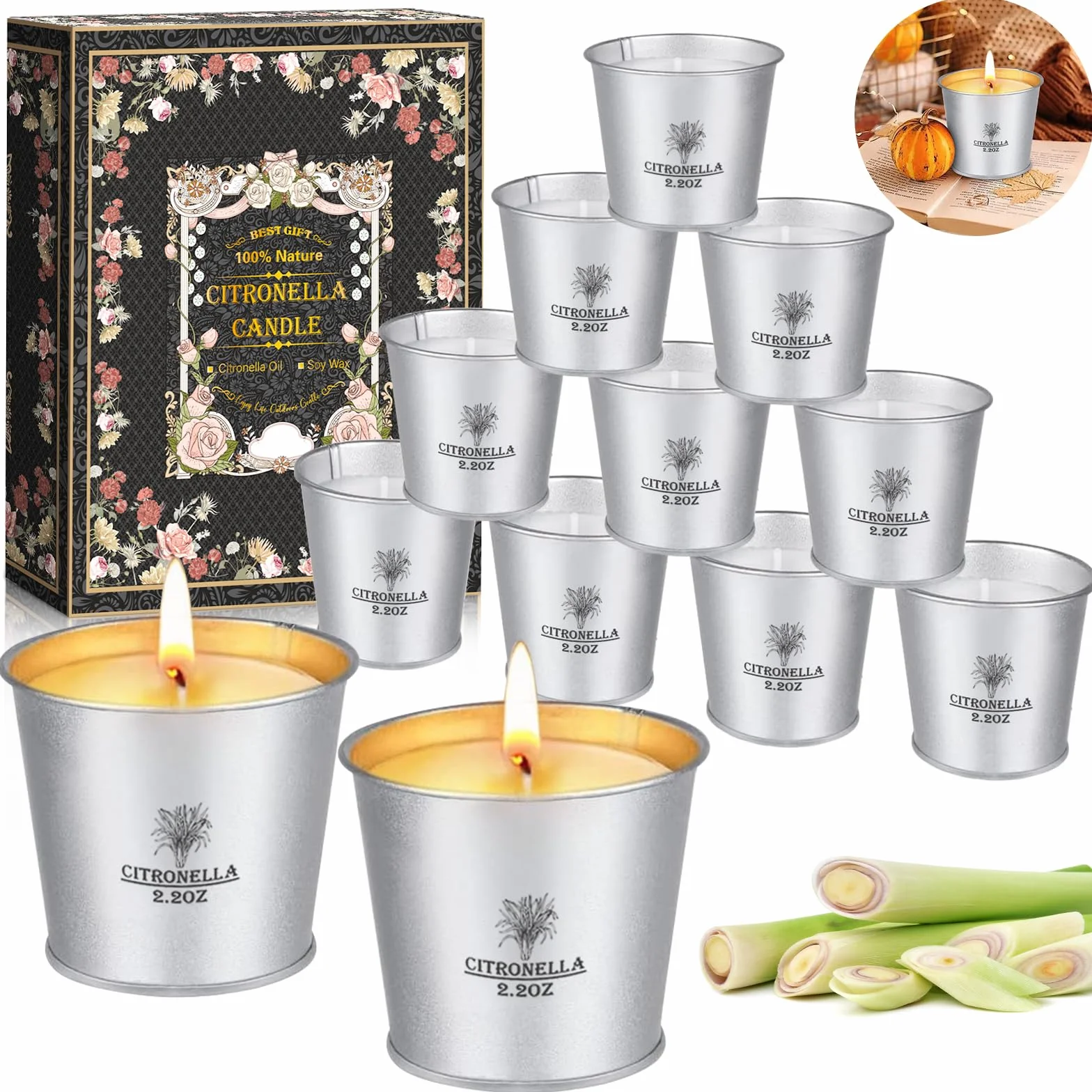 Candele Citronella Esterno Set 12x2.2oz Cera di Soia Naturale Oli di Citronella 120-180 Ore