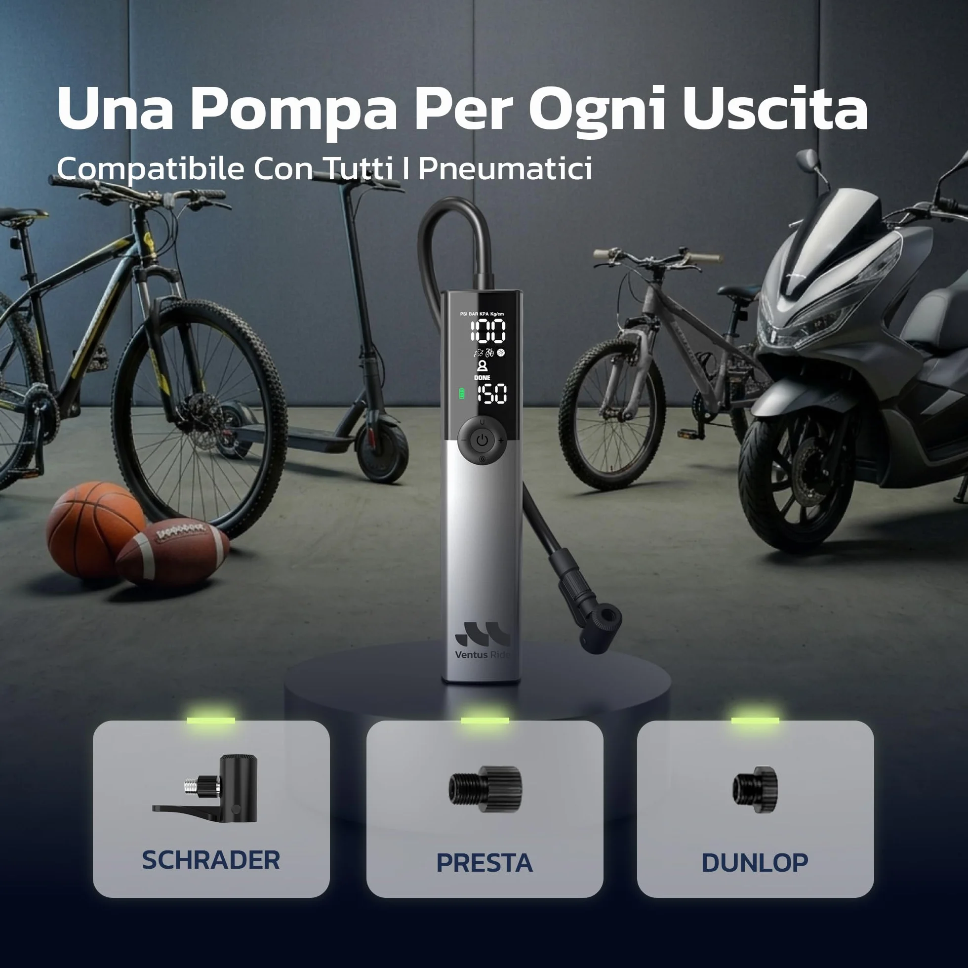 Woowind Ventus Ride Pompa Elettrica per Bicicletta, 150 PSI, 10,3 Bar, Portatile, Compressore Aria, Presta, Schrader, MTB, e-bike