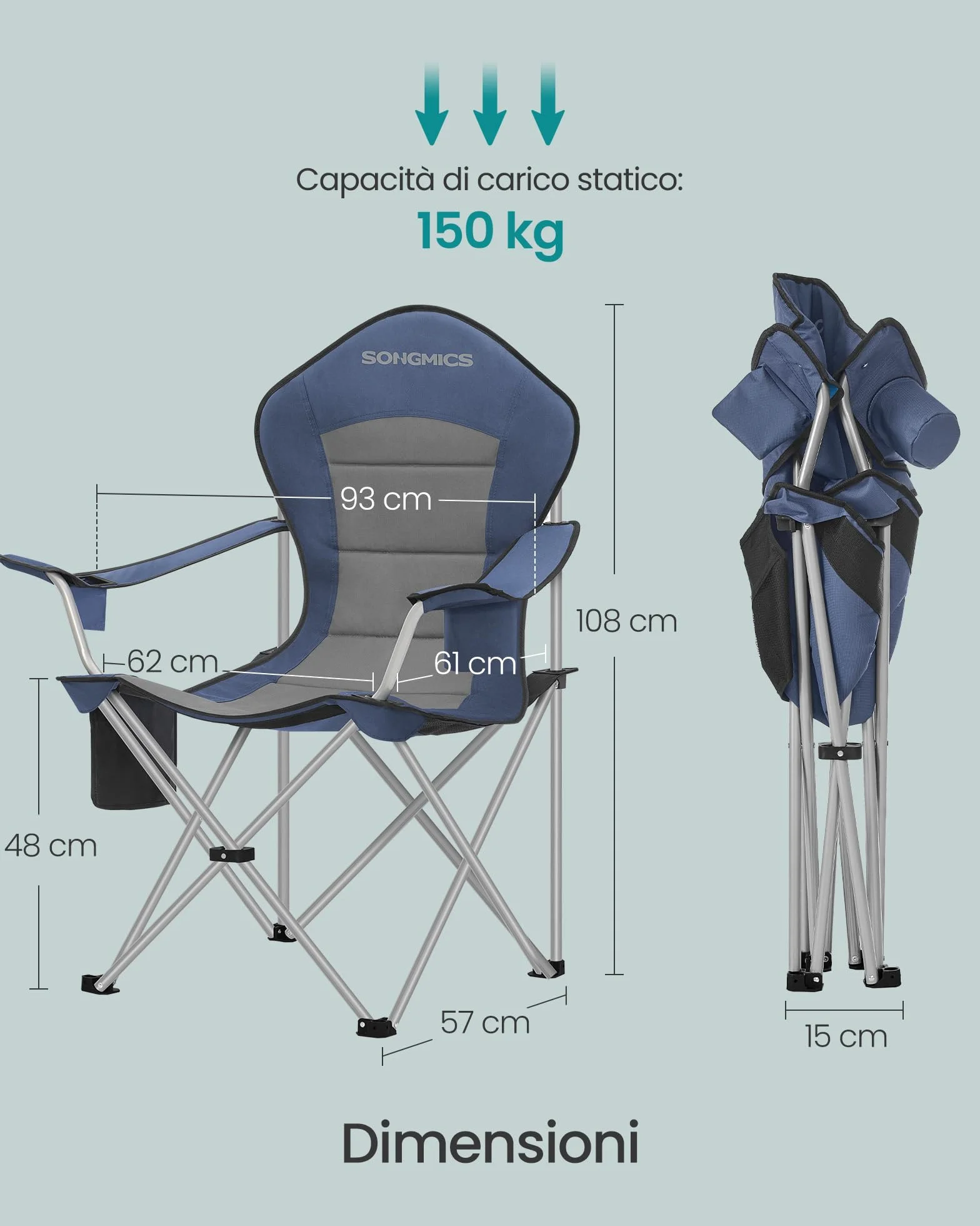 SONGMICS Sedia da Campeggio Pieghevole Portatile Seduta Ampia Schienale Alto Blu Grigio GCB005QE01
