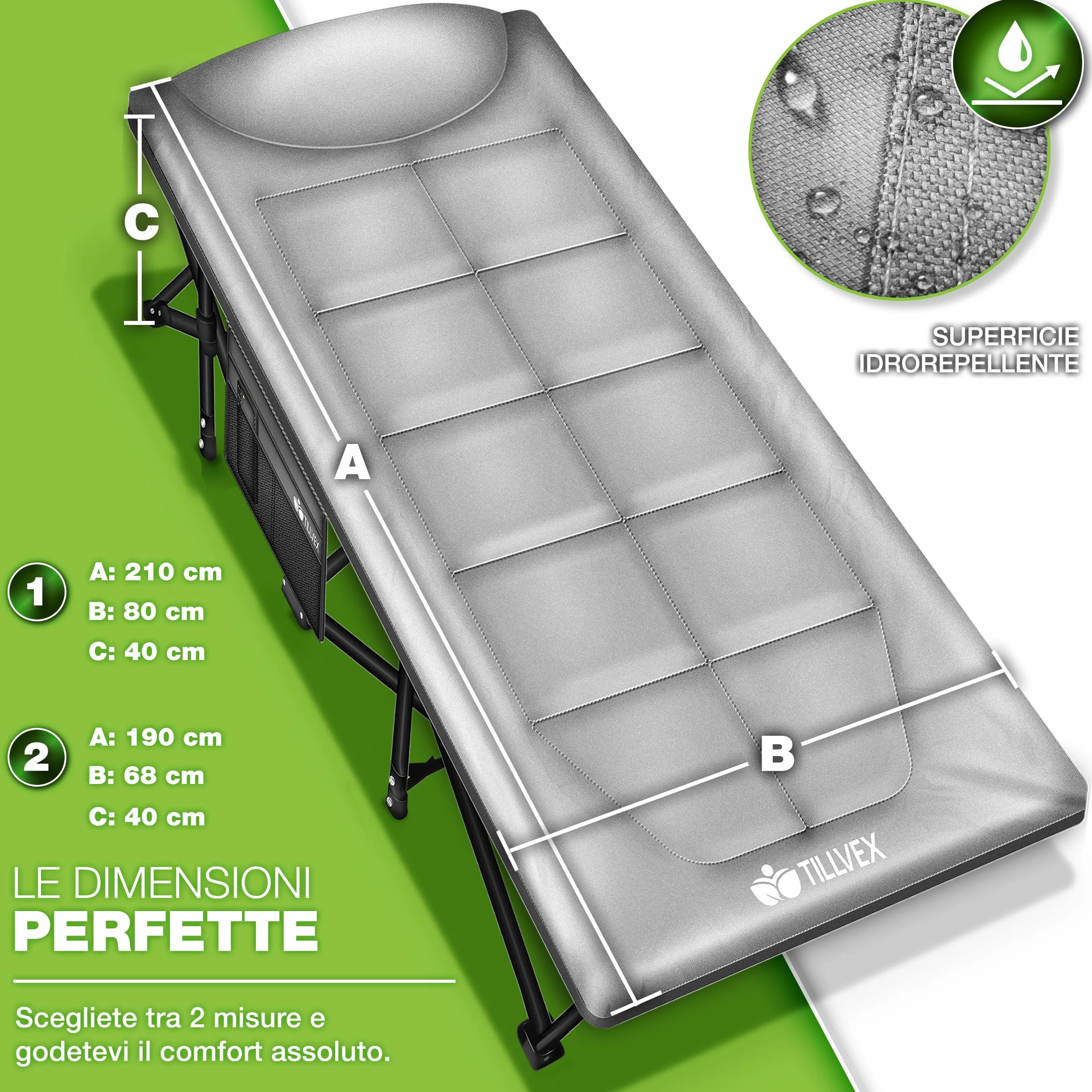 Tillvex Letto da campeggio pieghevole borsa trasporto 200 kg Lettino extra largo
