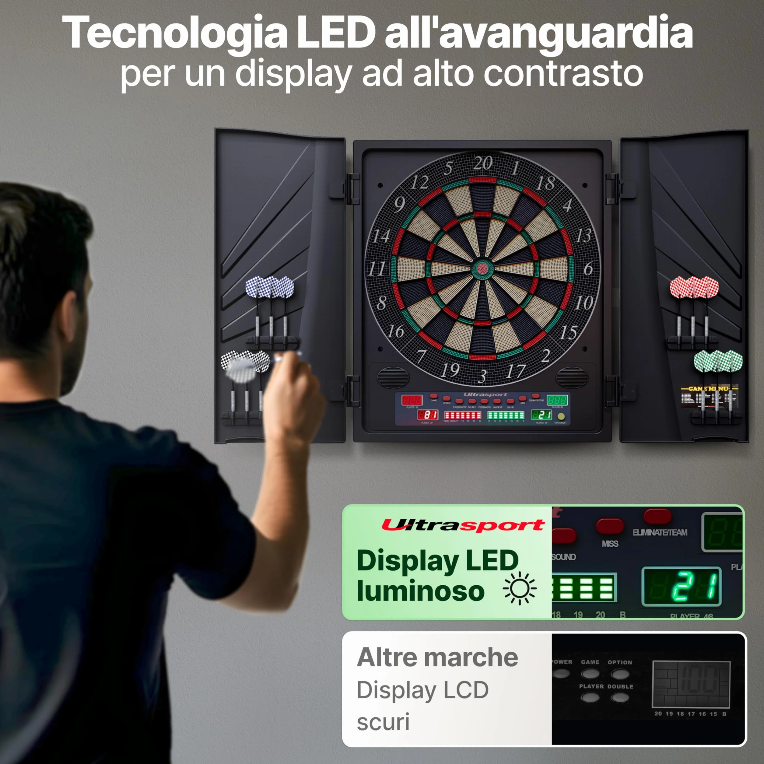 Ultrasport Tavola da Freccette Elettronica, 38 Giochi, 12 Freccette, 100 Punte morbide, LED