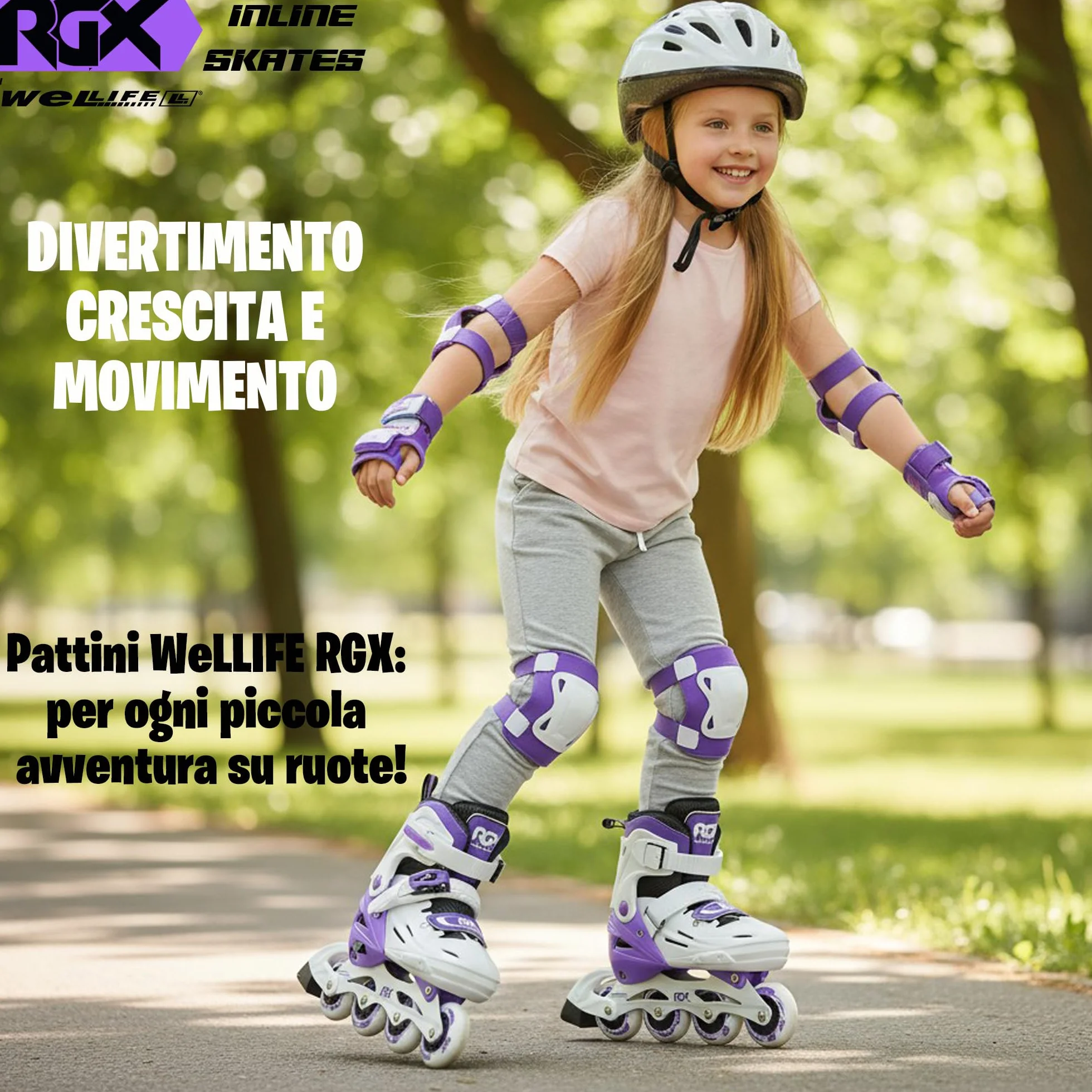 WeLLIFE RGX Line Pattini in Linea Bambina e Bambino Regolabili 4 Misure, Doppia Configurazione Ruote, Guscio Rigido, Piastra Alluminio, Cuscinetti ABEC-7