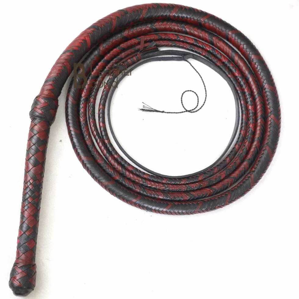 Frustino da Equitazione in Pelle di Canguro, 2,3 m, 16 trecce, Frusta per Frusta e Cracking, Supporto in Pelle per Ventre e Cuoio all'Interno, Rosso e Nero