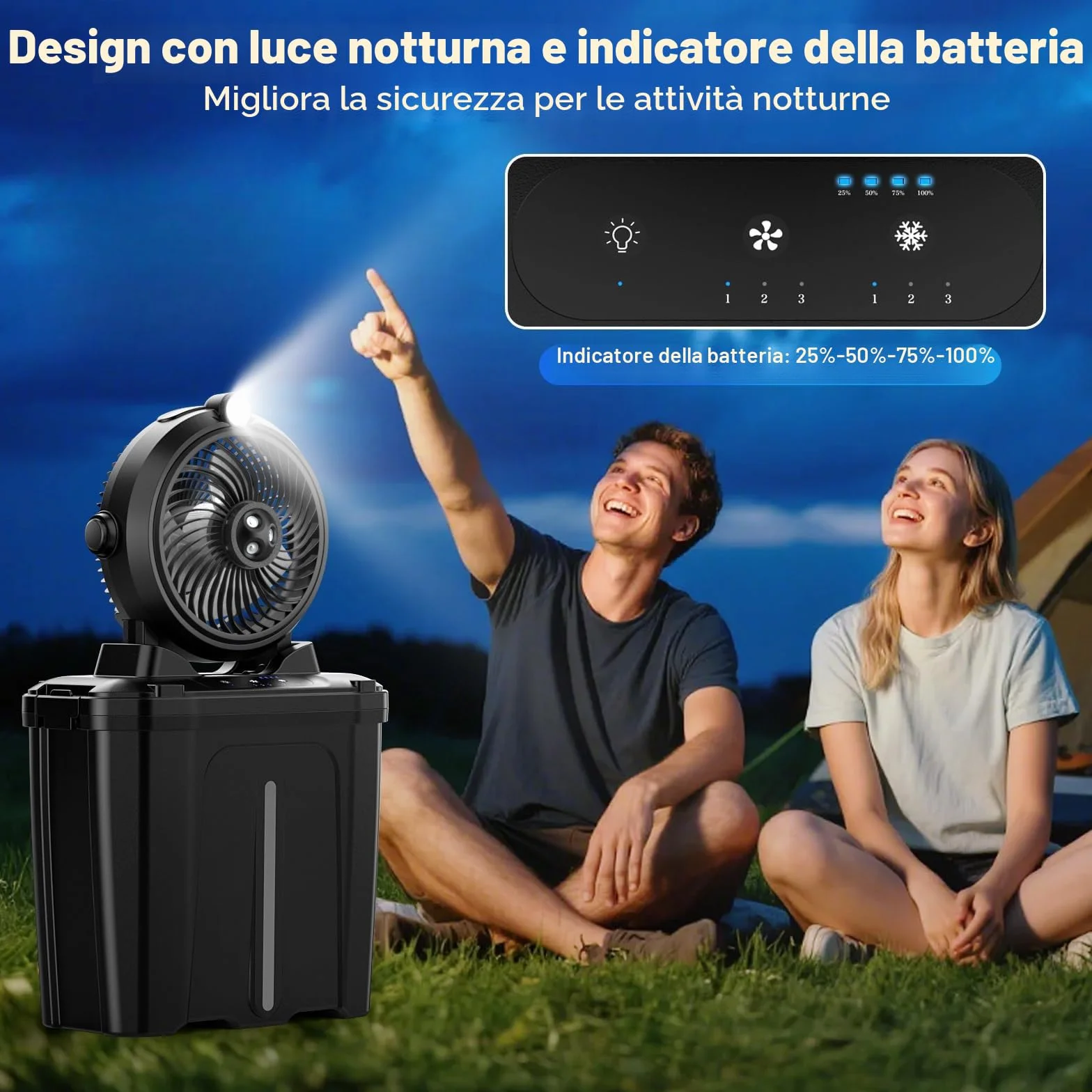 Ventilatore da Campeggio con Secchio da 11 Litri e Luce a LED, 20000mAh Batteria Ricaricabile Ventilatore Nebulizzatore, 3 Velocità, 3 Modalità di Nebulizzazione, Campeggio/Pesca/Viaggi