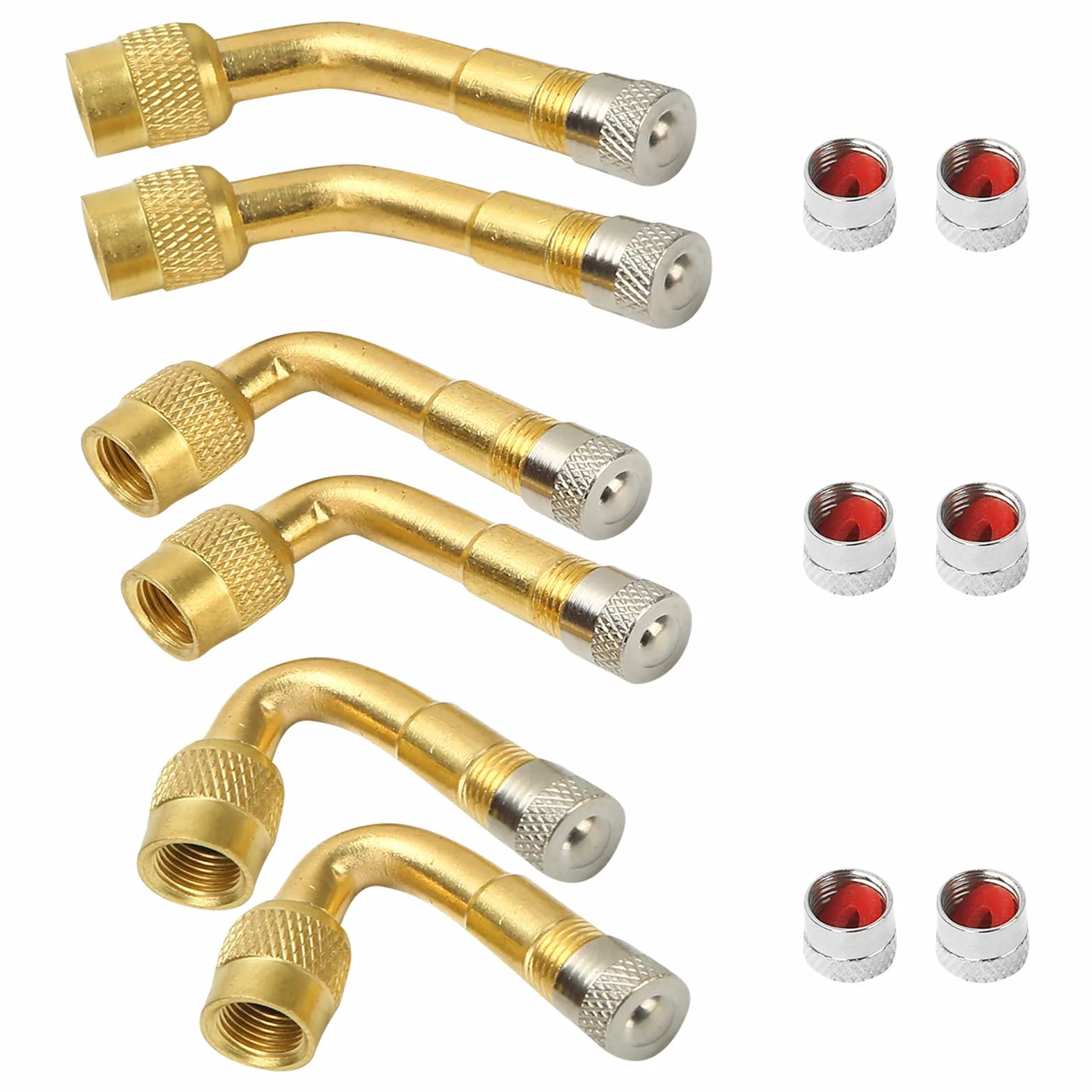 Bolatus - Adattatore a 45, 90 e 135 gradi per le valvole dei pneumatici, estensione in ottone dell'attacco della valvola per auto, moto, bici, camion, camper e scooter, 6 pezzi con 6 tappi in metallo